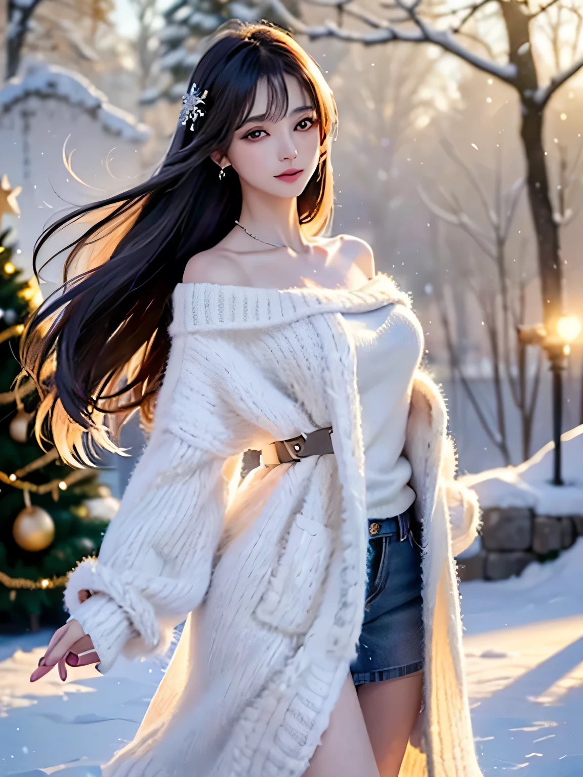 ((masterpiece:1.5、8k、Tabletop、Photorealistic and very detailed CG、Very detailed、Particle Effects、Dynamic Effects、Written boundary depth、Cinematic Light、Lens flare、Ray Tracing、Tabletop、Realistic:1.4、超A high resolution:1.2、Realistic、Realistic))((alone、,A woman wearing an off-shoulder sweater and a long coat:1.4、Elegant woman posing:、Detailed face、Bright expression、Younger, brighter, whiter skin、Ample breasts、Best Looks、The ultimate beauty、Silver hair with dazzling highlights、Shiny bright hair,、Super long, silky straight hair、hair dancing in the wind))(morning、The setting is outdoors in the snow, near a Christmas tree.)