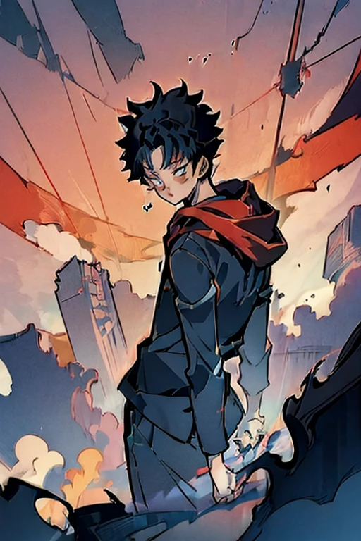 ((Masterpiece, Best Quality, 2d, anime)), (1 boy, Solo: 2), itadori, itadori_yuuji, black hair, red hoodie, open hoodie, hoodie off, blue eyes, Illustration,  ragemode, wild hair, destruction, a view of the young man's back getting up from a rubble,