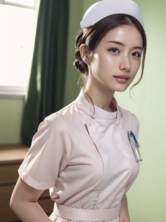 1 girl,(Wearing white nurse clothes:1.2),(RAW Photos, highest quality), (Realistic, photo-Realistic:1.4), masterpiece, Very delicate and beautiful, Very detailed, 2k wallpaper, wonderful, finely, Very detailed CG unity 8k wallpaper, Very detailed, High resolution, Soft Light, Beautiful detailed girl, Very detailed eyes and face, Beautiful and detailed nose, finely beautiful eyes, Perfect Anatomy, Black Hair, Upstyle, nurse uniform, ((nurse cap)), Long skirt, nurse, White costume, thin, hospital, clear, White Uniform, hospital room, Neck auscultation, 