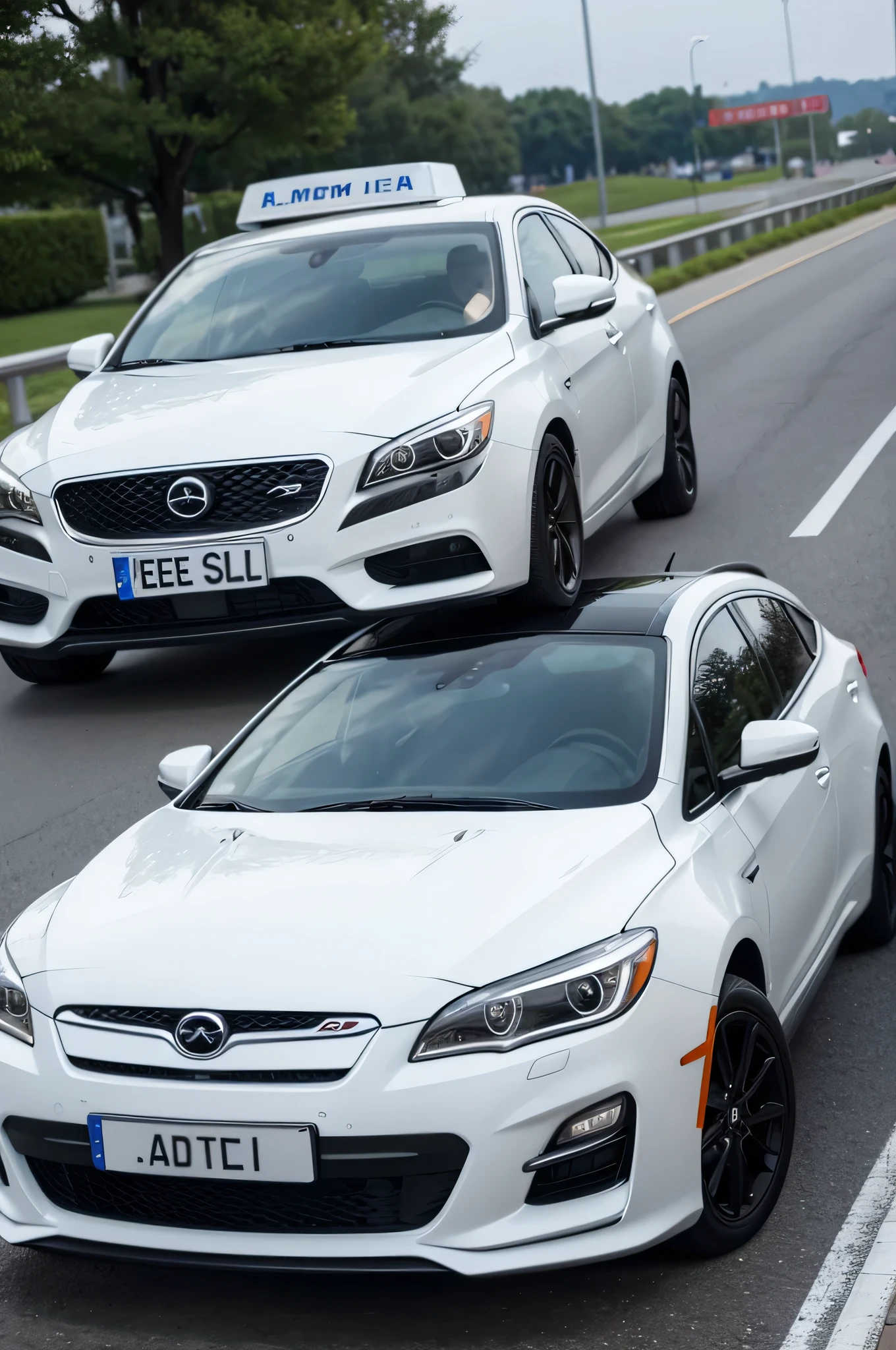 A white car，License plate highlighting，License plate number front display，The license plate says：sese23.cc 。 The text is clearly visible，