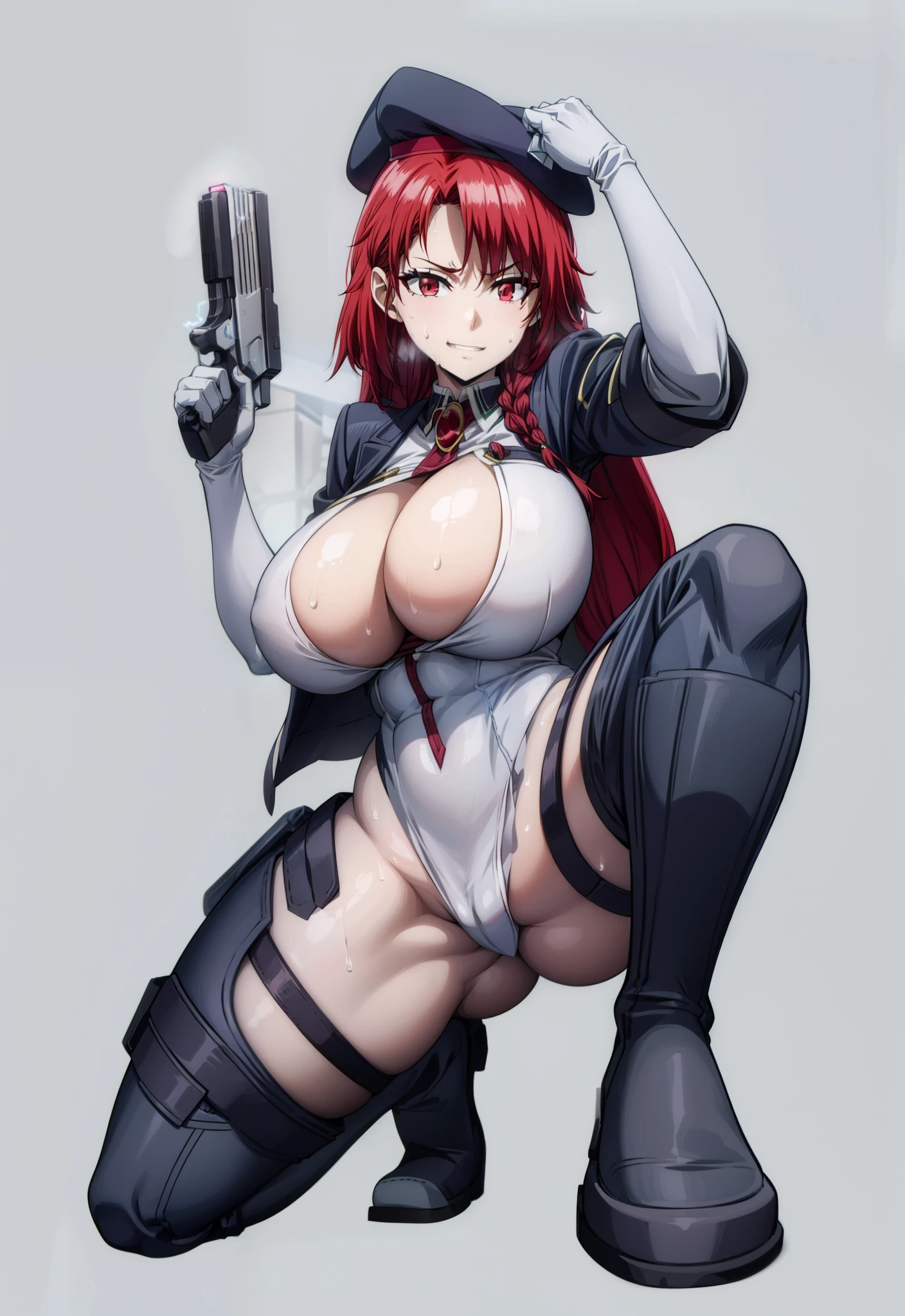 red hair, long hair, braid, red eyes, anatomically correct, heavy breathing, huge breasts, breast press, 1girl, breasts, gun, weapon, solo, pink, beret hat, handgun, boots, bodysuit, beret, huge_breasts, thighs, thick_thighs, red_eyes, gloves, squatting, looking_at_viewer, spread_legs, skin_tight, holding gun, (shaded face:1.2), hollow eyes, red eyes, looking at viewer, (heavy breathing:1.2), smirk, upper teeth, fantasy art, (electricity:1.2), pink, sweating