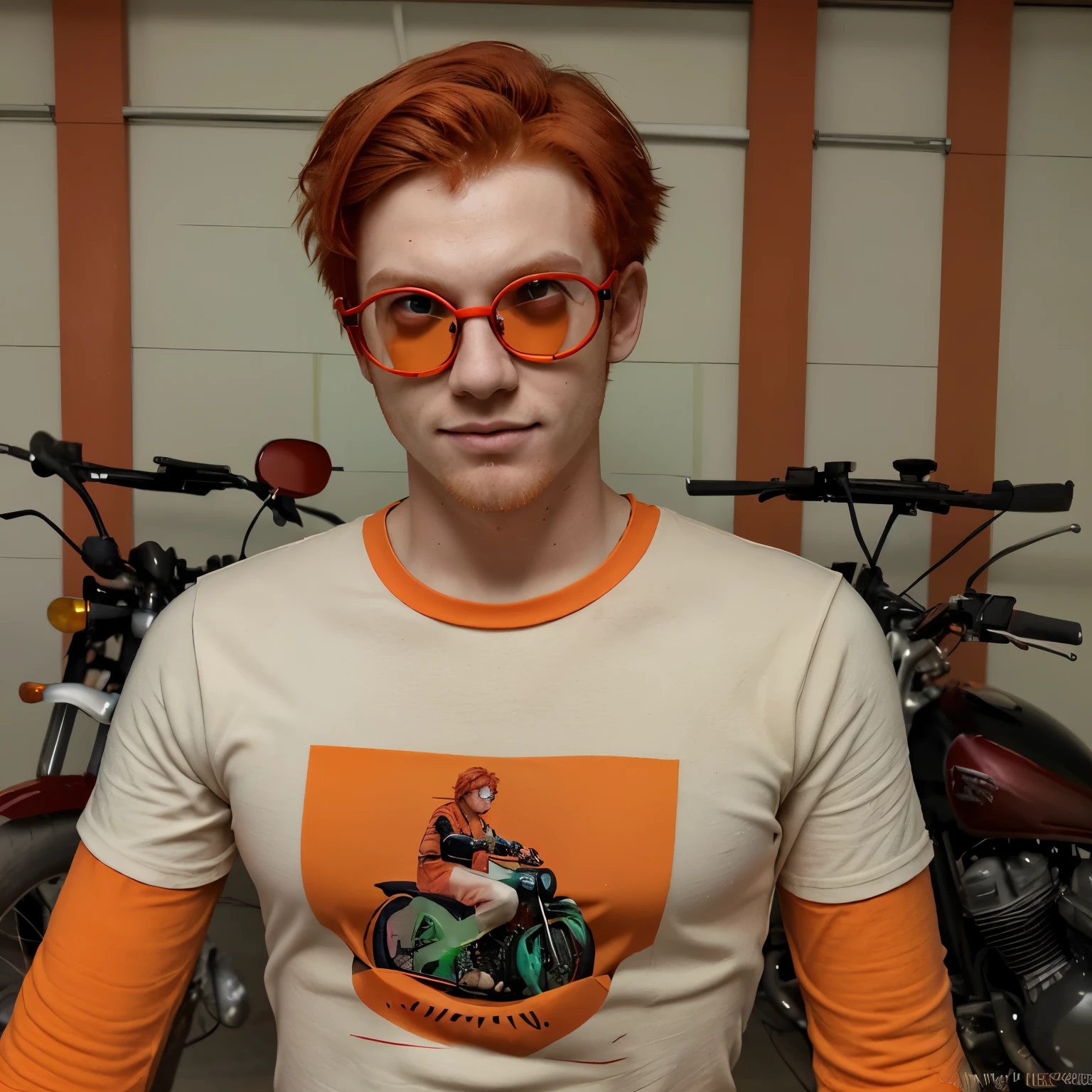 A red-haired boy with green eyes wearing motorcycle glasses with orange lenses, com uma blusa de mangas compridas vermelha com listras pretas