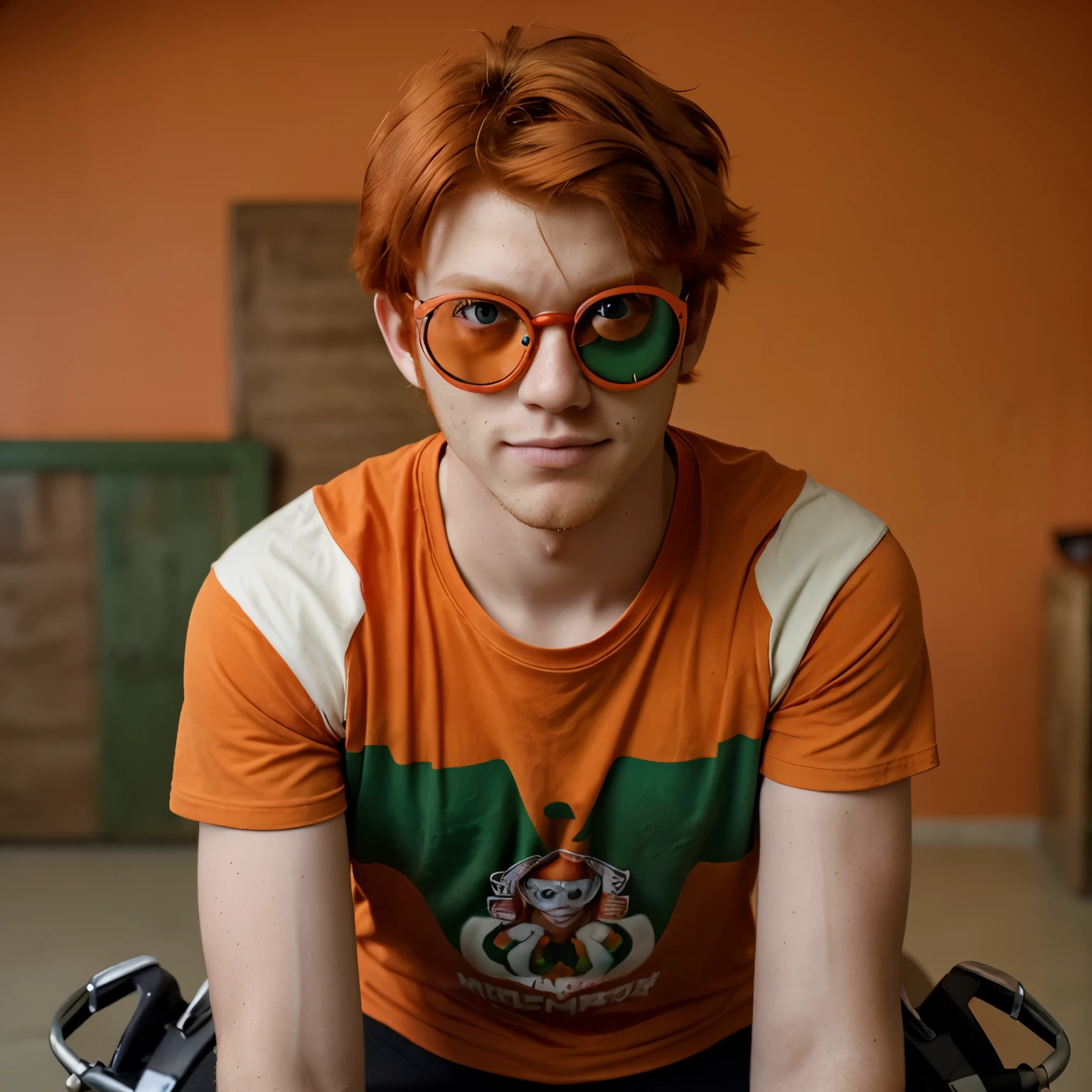A red-haired boy with green eyes wearing motorcycle glasses with orange lenses, com uma blusa de mangas compridas vermelha com listras pretas