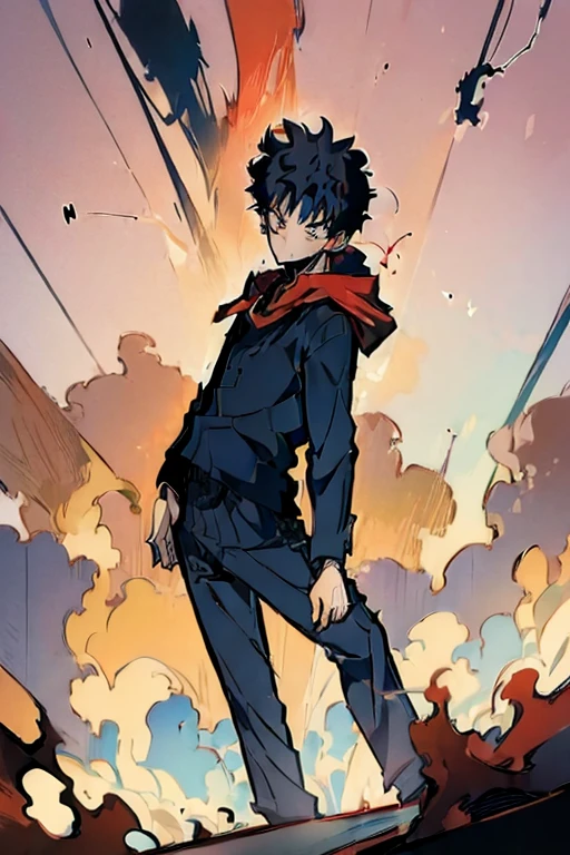 ((Masterpiece, Best Quality, 2d, anime)), (1 boy, Solo: 2), itadori, itadori_yuuji, black hair, red hoodie, open hoodie, hoodie off, blue eyes, Illustration,  ragemode, wild hair, destruction, a young man hit by an explosion, 