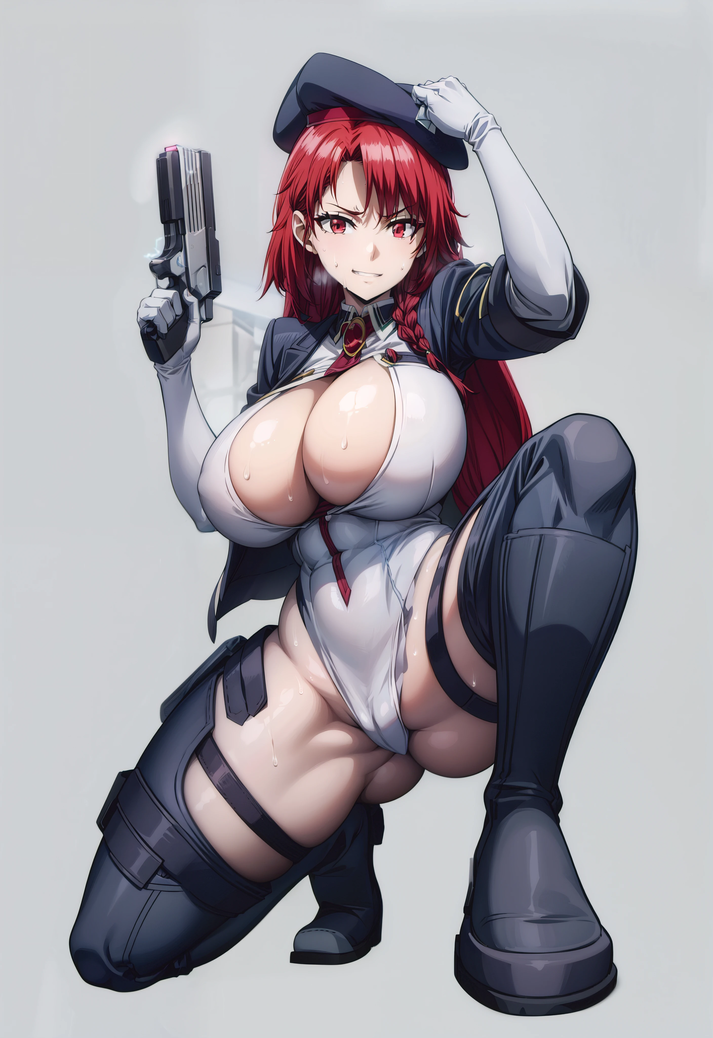 red hair, long hair, braid, red eyes, anatomically correct, heavy breathing, huge breasts, breast press, 1girl, breasts, gun, weapon, solo, pink, beret hat, handgun, boots, bodysuit, beret, huge_breasts,  thighs, thick_thighs, red_eyes, gloves, squatting, looking_at_viewer, spread_legs, skin_tight, holding gun,  (shaded face:1.2), hollow eyes, red eyes, looking at viewer, (heavy breathing:1.2), smirk, upper teeth, fantasy art, (electricity:1.2), pink, sweating