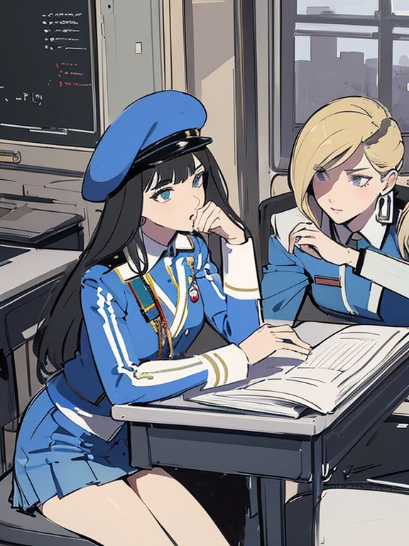 (masterpiece:1.2, best quality), 2girls, young teen, slim, (white military outfit), pleated skirt, military hat, space cadet, sitting by desk in classroom, writing, serious, tired, bored, futuristic, cosmos, watercolor