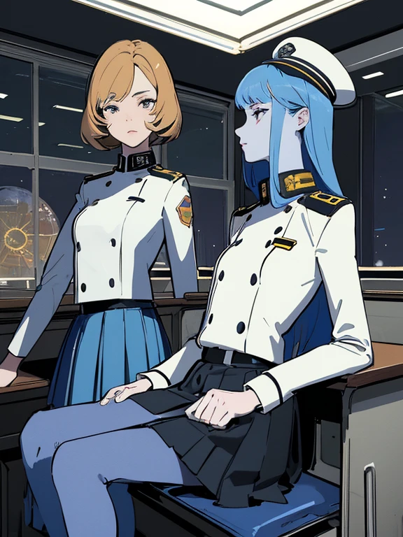 superflat, flat shading, flat colors, (masterpiece:1.2, best quality), (closeup), (2women:1.4), , slim, (white military outfit), pleated skirt, military hat, space cadet, sitting by desk, in classroom, put head on hand, bored, classmates in background, (spaceship interiors), futuristic, cosmos, watercolor
