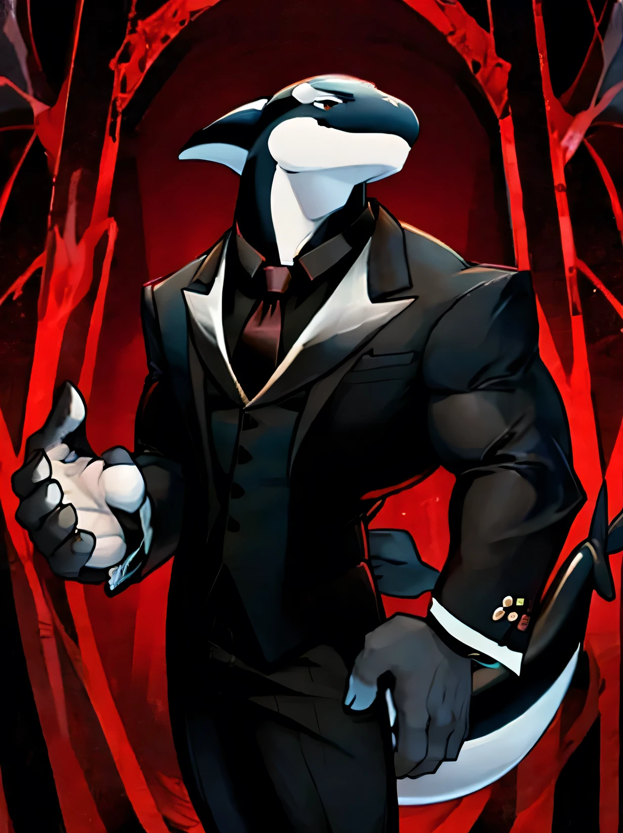 Male, killer whale furry, arrogant, narcissistic, muscular body, imponent, rectangular torso shape , orca tail. Formal, black suit, EYES NOT VISIBLE.