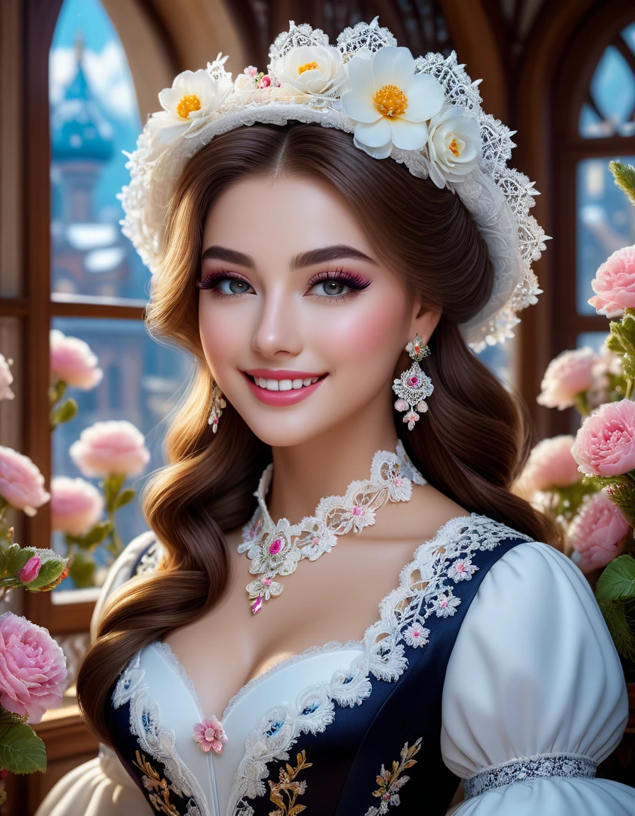 ultra high quality image, close-up, stunningly beautiful girl, long fluffy eyelashes, modern rococo style, with impressionistic softness, snow-white smile, bright colors, ambient lighting, clothes decorated with intricate lace and flowers reminiscent of the era, the scene exudes the highest quality , mutual love, 8k HDR Dolby Vision, digital art, ultra HD, realistic, vibrant colors, high detail, perfect composition, beautiful detailed intricate insanely detailed octane rendering, trending on artstation, 8k art photography, photorealistic concept art, soft natural 3D cinematic perfect light. Lots of details, intricate details, brilliant, magical, stunning, a work of art, a masterpiece.