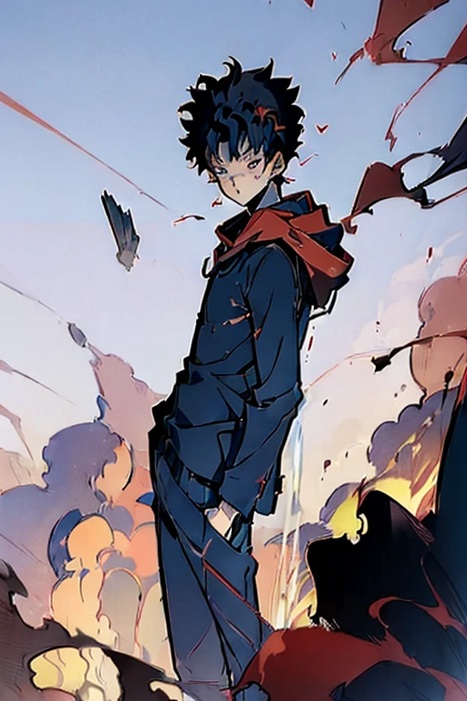 ((Masterpiece, Best Quality, 2d, anime)), (1 boy, Solo: 2), itadori, itadori_yuuji, black hair, red hoodie, open hoodie, hoodie off, blue eyes, Illustration,  ragemode, wild hair, destruction, a silhoutte view of the young man walking through a smoke,