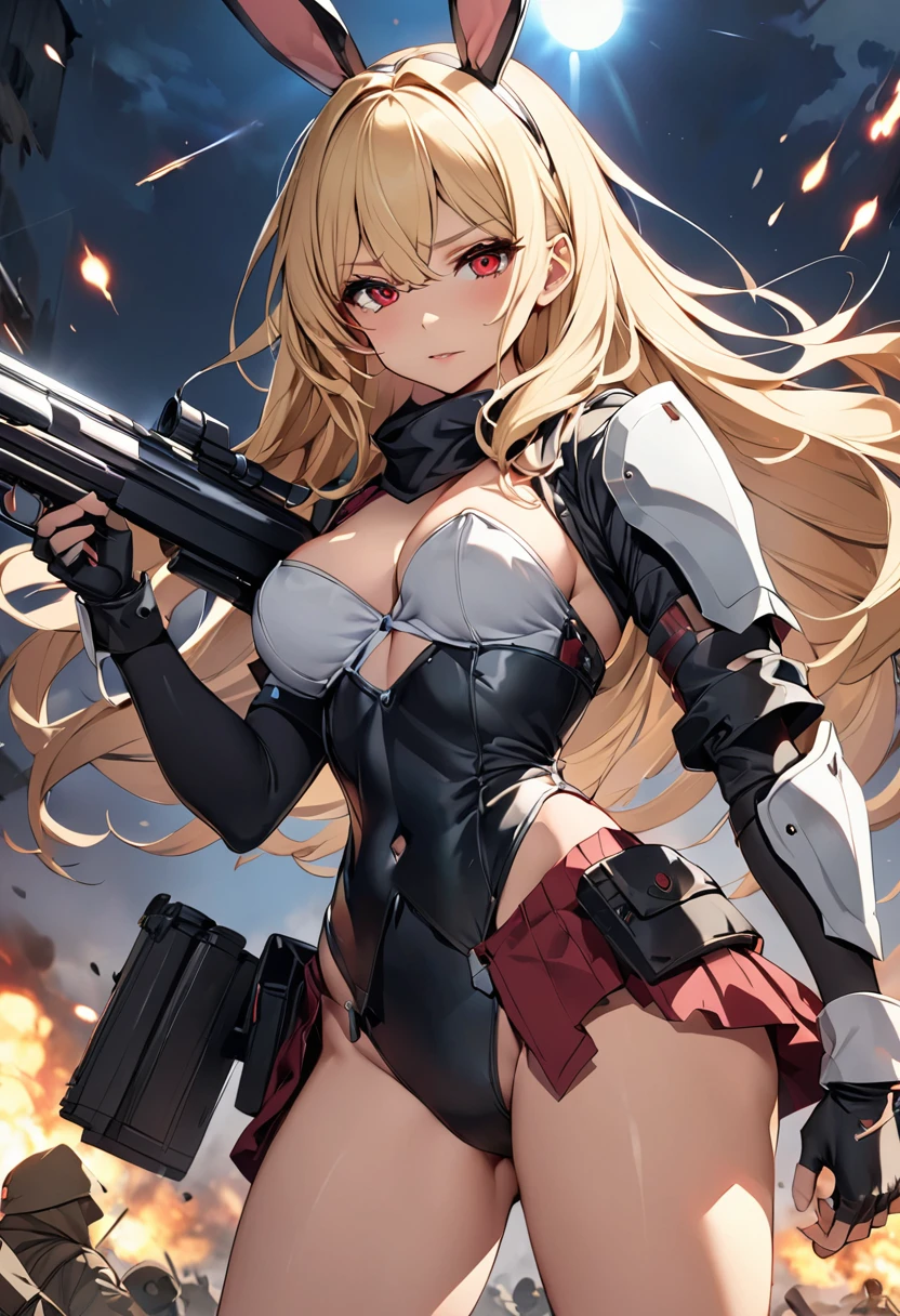 masterpiece、highest quality、Ultra-high resolution、Maximum resolution、Very detailed、Professional Lighting、anime、woman、thin、so beautiful、Bunny girl、Have a shotgun、Red Eye、Blonde、long hair、Fingerless gloves、Equipped with shooting glasses、Alone on the battlefield、Have an arm shield、