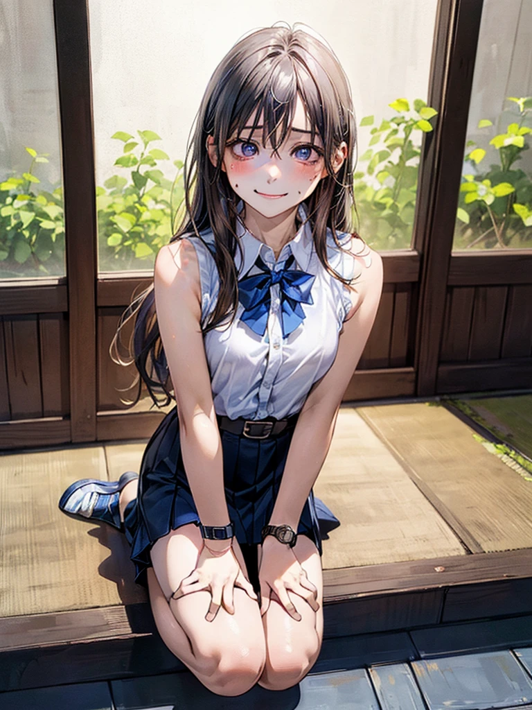 (masterpiece:1.2, highest quality), (Realistic, photoRealistic:1.4), Beautiful illustrations, (Natural Side Lighting, Cinema Lighting), Browsing Caution, View your viewers, 1 girl, Japanese, high school girl, Perfect Face, Cute and symmetrical face, Shiny skin, (Long Hair:1.5, Straight hair:1.4, Grey Hair), Hair between the eyes, Purple eyes, Glowing Eyes, Big eyes, Long Eyelashes, (Small breasts:1.5), thin, (((watch;1.5))) ,Beautiful Hair, Beautiful Face, Beautiful fine details, Beautiful clavicle, Beautiful body, Beautiful breasts, Beautiful thighs, Beautiful feet, Beautiful fingers, ((Japanese , White sleeveless collared shirt, Blue ultra-mini skirt:1.2)), ((Brown belt:1.2)) ,(night,Dark basement), Are standing, (Drunk face:1.8),((Full Body Shot))