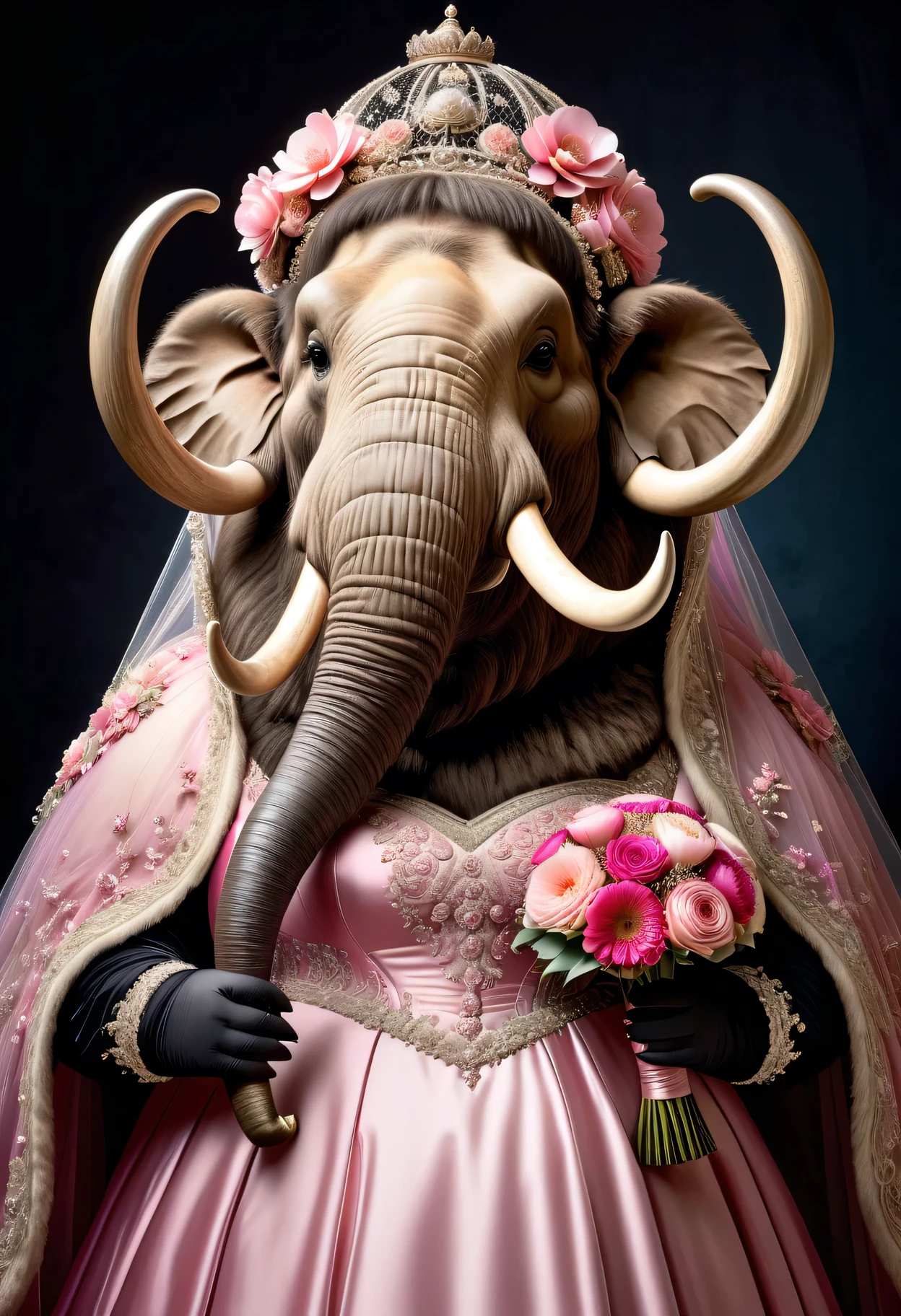photorealistic portrait of Dressed animals - a ((fat)) mammoth bride,(elegant pose),(closed mouth),(furry), high quality,(lovely) ,intricate details, highly detailed (gothic pink wedding dress)),wearing opera globes ,wearing highly detailed veil, highly detailed decorations ,holding flower bouquet, (happy), studio lighting,()