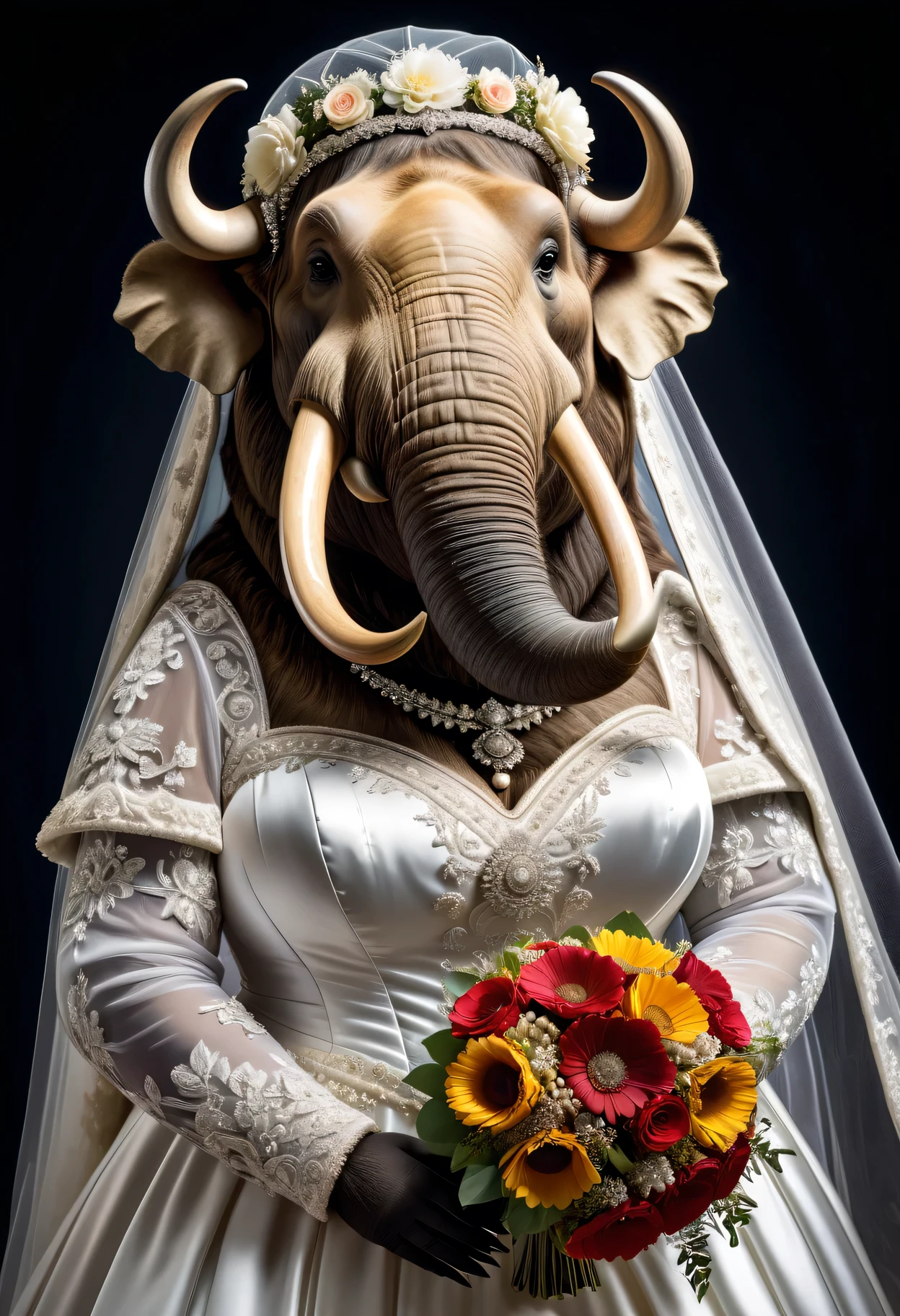 photorealistic portrait of Dressed animals - a ((fat)) mammoth bride,(elegant pose),(closed mouth),(furry), high quality,(lovely) ,intricate details, highly detailed (gothic wedding dress)),wearing opera globes ,wearing highly detailed veil, highly detailed decorations ,holding flower bouquet, (happy), studio lighting,(