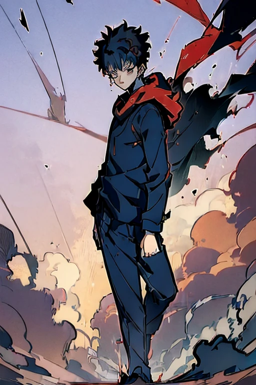 ((Masterpiece, Best Quality, 2d, anime)), (1 boy, Solo: 2), itadori, itadori_yuuji, black hair, red hoodie, open hoodie, hoodie off, blue eyes, Illustration,  ragemode, wild hair, destruction, walking forward, smoke, silhoutte: 2,