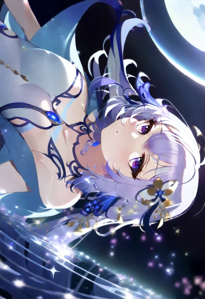 (shylily/(Twich/):1.5),(masterpiece:1.2),(best quality:1.2),(Best quality,8k wallpaper,Meticulous background,high resolution,absurd,bloom,messy hair,shinny hair,exposed to light,Smart pupils),1 girl,Focus on the legs,receiver,Large target_breast,action_posture,Stand up,,spotlight,Glass Ceiling,hair_Decorations,Hair is more than just an eye,Designer Dresses,Dutch_angle,Upper part of the body,moon,The surface of the water ripples,