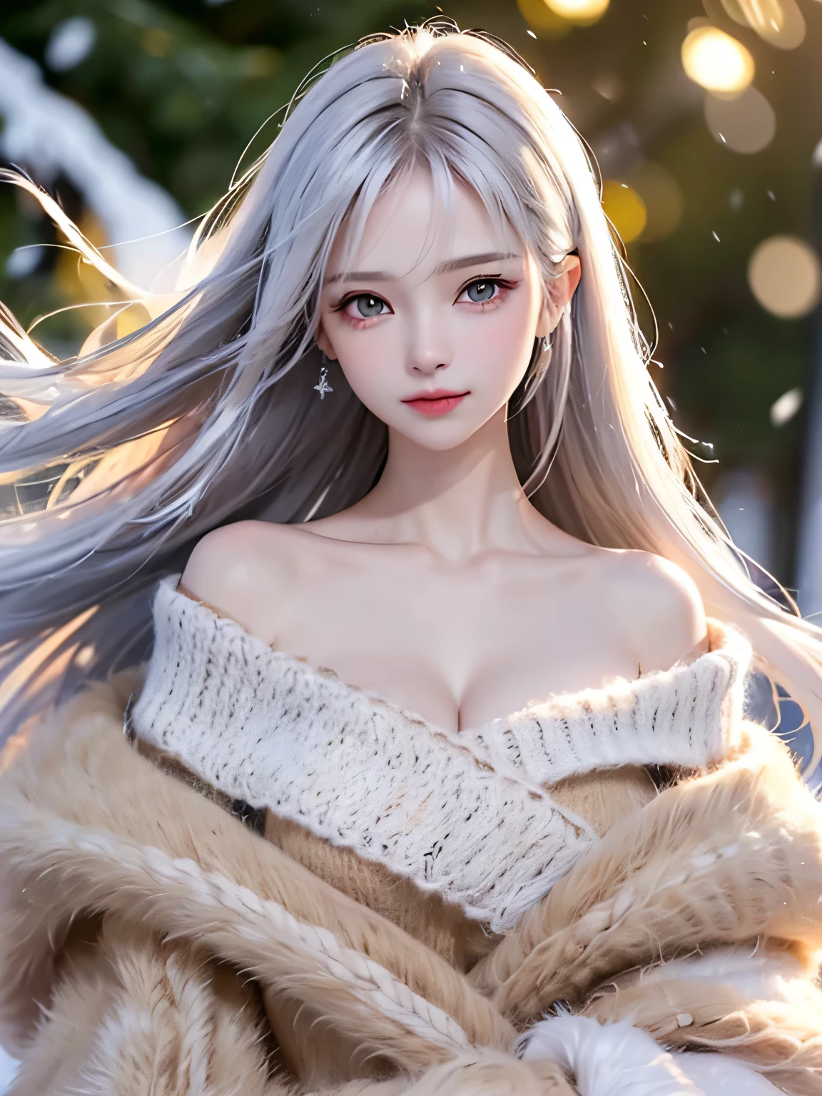 ((masterpiece:1.5、8k、Portrait、Photorealistic and very detailed CG、Very detailed、Particle Effects、Dynamic Effects、Written boundary depth、Cinematic Light、Lens flare、Ray Tracing、Tabletop、Realistic:1.4、超A high resolution:1.2、Realistic、Realistic))((alone、,A woman wearing an off-shoulder sweater and a long coat:1.4、Elegant woman posing:、Detailed face、Bright expression、Younger, brighter, whiter skin、Ample breasts、Best Looks、The ultimate beauty、Silver hair with dazzling highlights、Shiny bright hair,、Super long, silky straight hair、hair dancing in the wind))(morning、The setting is outdoors in the snow, near a Christmas tree.)