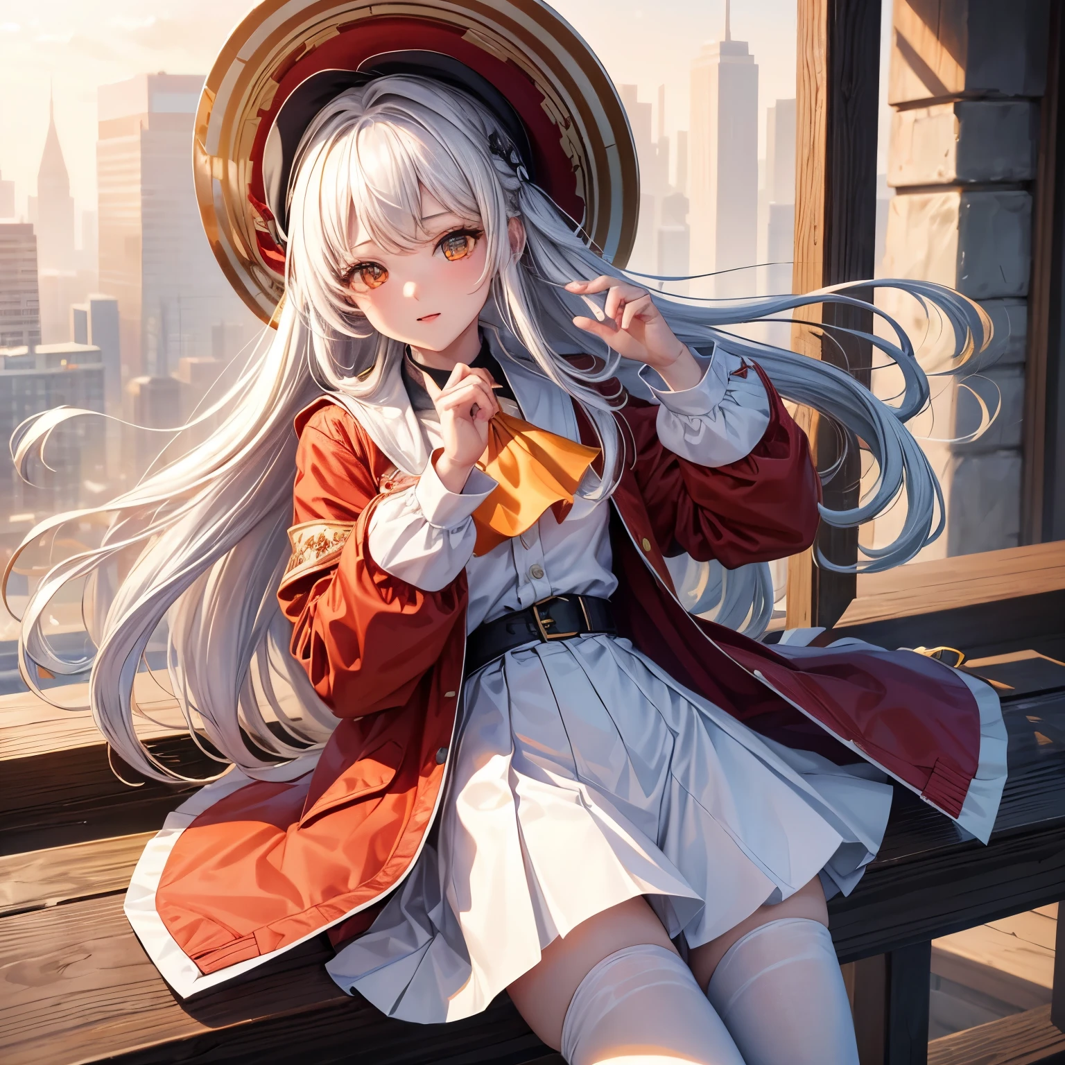 1 Girl, masterpiece, best quality, high quality, Olga_Mary, White_hair, orange_Eye, LONG hair, Eye之間的頭髮, Long sleeve, jacket, Red Ascot, skirt, skirt, Pantyhose, 很长的hair, Cowboy shooting, 