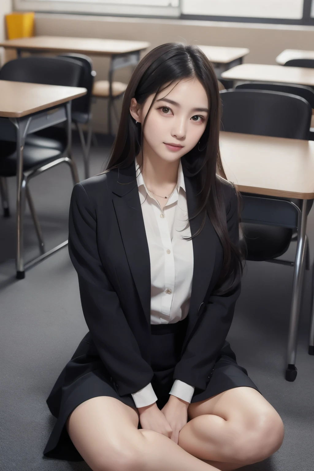 A female teacher sitting on the classroom floor wearing a suit