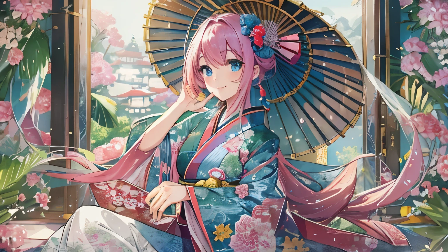 Official Art, unity 8k wallpaper, Super detailed, beautifully、aesthetic, masterpiece, highest quality,One Girl, (Beautiful Anime Girls, Detailed face,Bright pink hair and captivating blue eyes, Sit Elegantly. She is wearing a Japanese kimono, radiating elegance and allure. Her smile lights up the room, Complementing her fair and flawless complexion.),Relax in the Chinese Emperor's Chambers