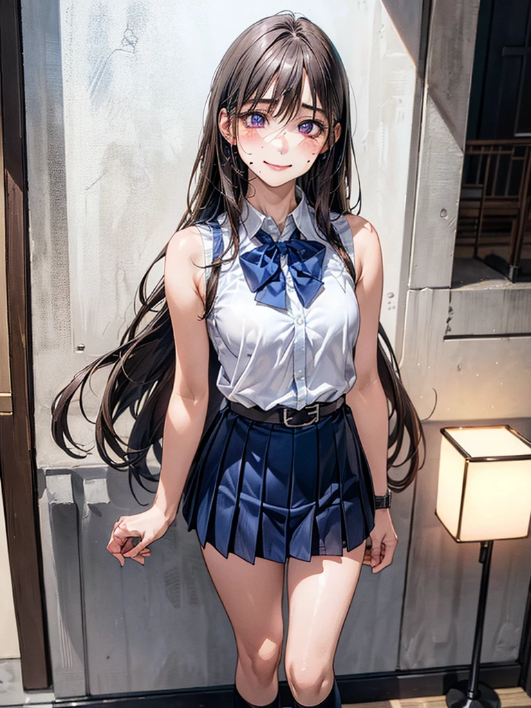 (masterpiece:1.2, highest quality), (Realistic, photoRealistic:1.4), Beautiful illustrations, (Natural Side Lighting, Cinema Lighting), Browsing Caution, View your viewers, 1 girl, Japanese, high school girl, Perfect Face, Cute and symmetrical face, Shiny skin, (Long Hair:1.5, Straight hair:1.4, Grey Hair), Hair between the eyes, Purple eyes, Glowing Eyes, Big eyes, Long Eyelashes, (Small breasts:1.5), thin, (((watch;1.5))) ,Beautiful Hair, Beautiful Face, Beautiful fine details, Beautiful clavicle, Beautiful body, Beautiful breasts, Beautiful thighs, Beautiful feet, Beautiful fingers, ((Japanese , White sleeveless collared shirt, Blue ultra-mini skirt:1.2)), ((Brown belt:1.2)) ,(night,Dark basement), ((Are standing:1.2)), (Drunk face:1.6),((Full Body Shot))