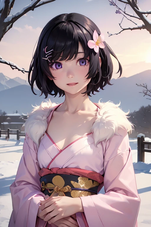 Very detailed CG Unity 8K wallpaper, Cute One lady, Mature hair、lady ,beautiful lady, pale skin (Super masterpiece, Beautiful person, well detailed face polluted smile, Photorealistic, hyper realisitic), Colorful winter kimono in pink and white colors、(white fur)、Japanese Style Hair Accessories、smile、Japanese background with light pink flowers and snow、Portrait、(ref Eyes)、(flat chest:1.4)、(Glowing Skin:1.7)、Detailed eyes、Big eyes、Open your mouth、Hide your arm、
(hanekawa02:1.5, short hair, black hair, hair ornament, purple eyes, hairclip)