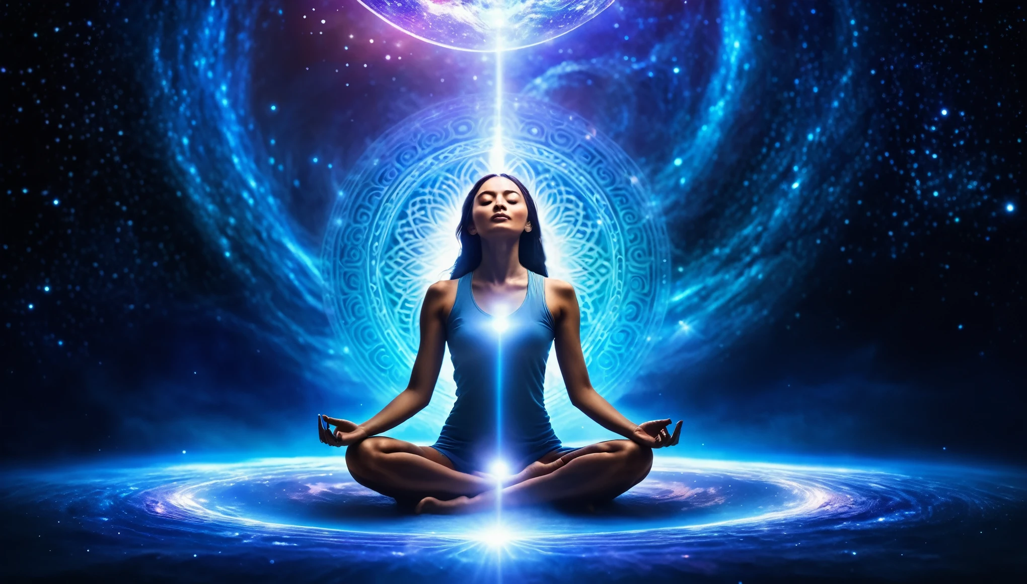 Mystic woman meditating deep in the middle of the universe, Etheric atmosphere