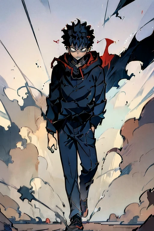 ((Masterpiece, Best Quality, 2d, anime)), (1 boy, Solo: 2), itadori, itadori_yuuji, black hair, red hoodie, open hoodie, hoodie off, blue eyes, Illustration,  ragemode, wild hair, destruction, walking, forward, smoke, silhoutte: 2, Shadow: 2,