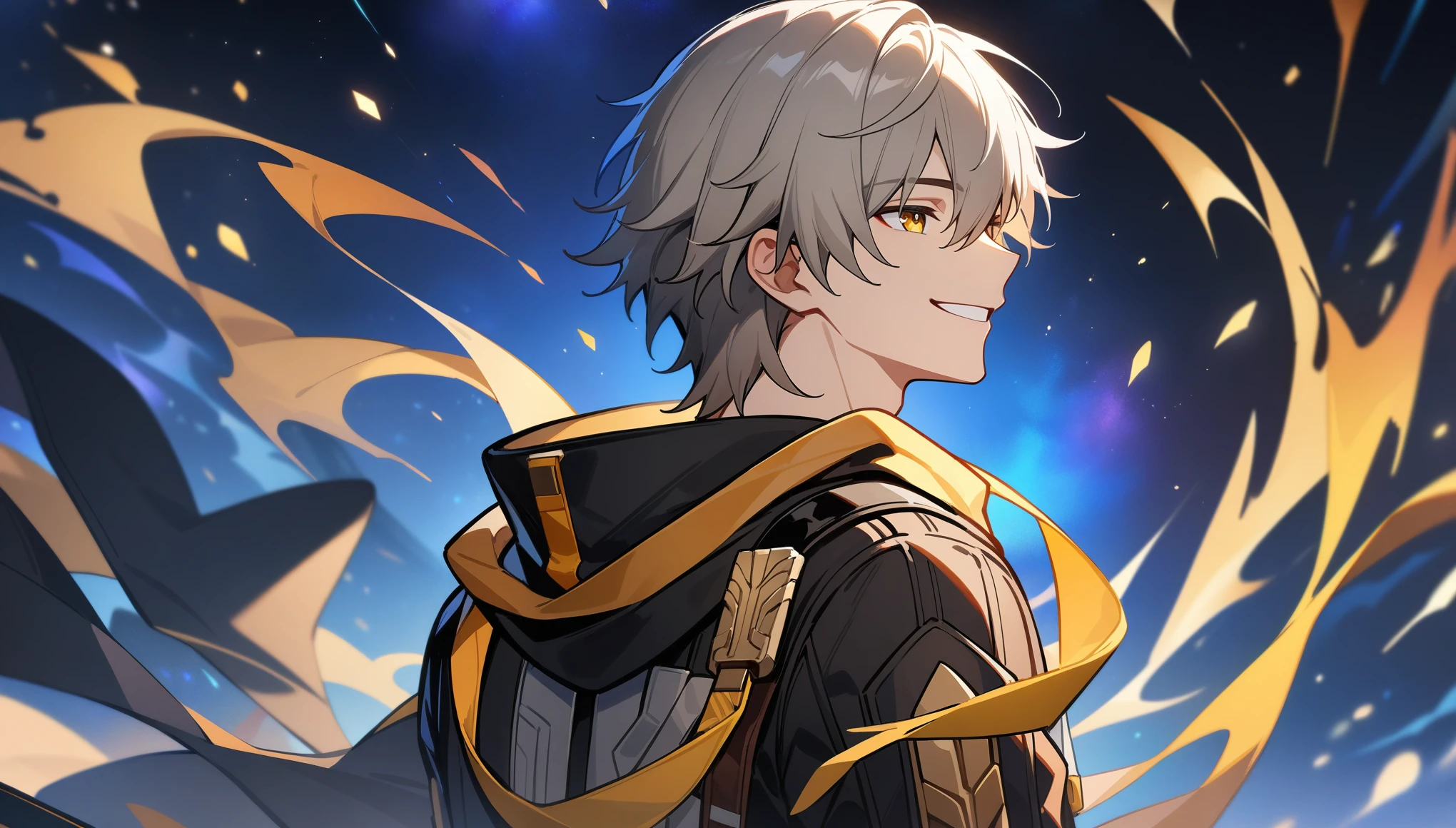 1boy, male focus, caelus, trailblazer, honkai star rail, masterpiece, best quality, back turned, looking over shoulder, smile, high res eyes, night, midnight, cosmic background, dark blue night, absurdres, epic composition, centered, masterpiece, clean lineart, clean anime outlines, best quality, high quality, high details, super detail, anatomically correct, best quality, ultra-detailed, colorful, dynamic lighting, HD,