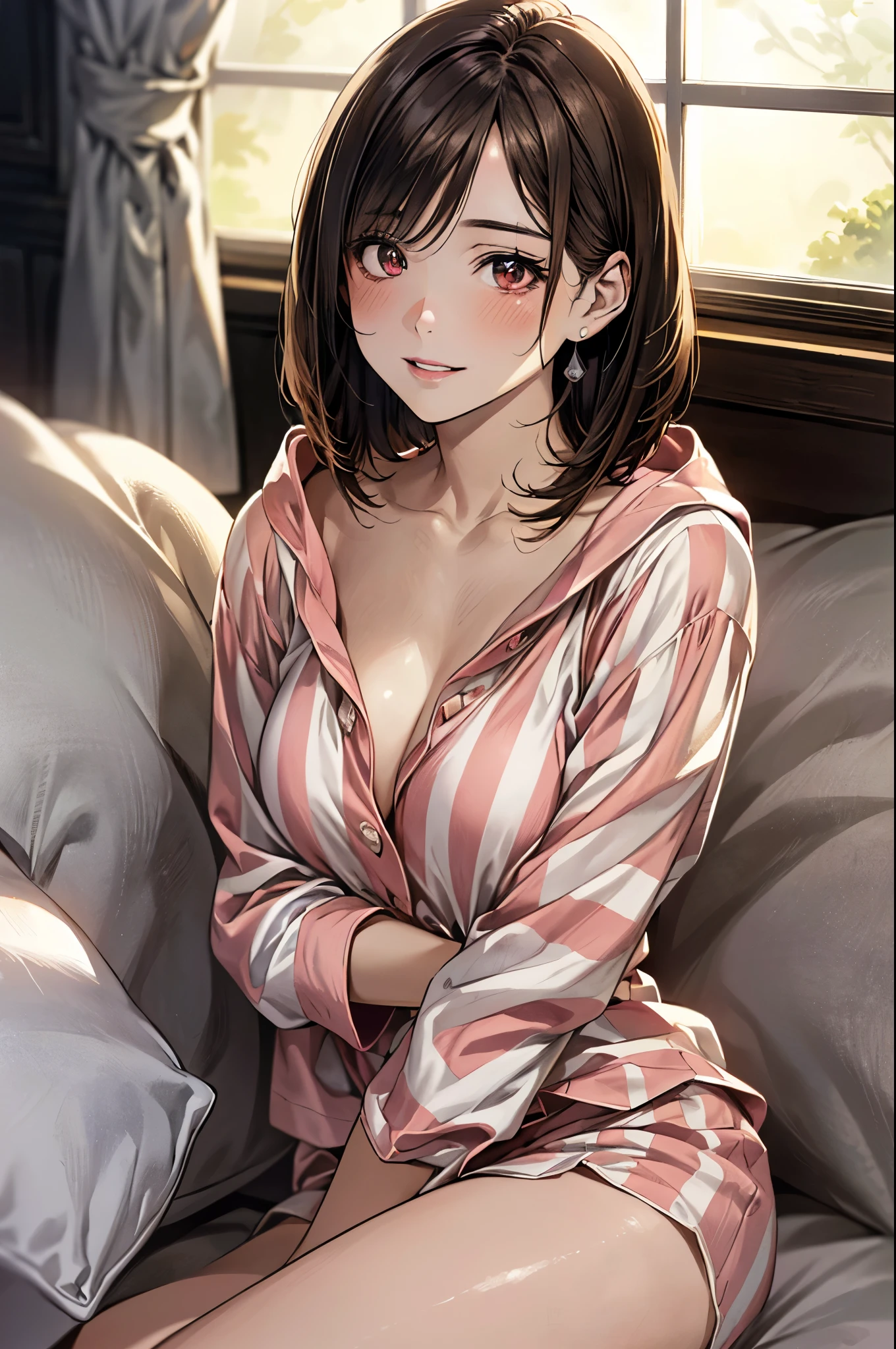 (masterpiece:1.3, top-quality, ultra high res, ultra detailed), (realistic, photorealistic:1.4), beautiful illustration, perfect lighting, natural lighting, colorful, depth of fields, surrealism,
beautiful detailed hair, beautiful detailed face, beautiful detailed eyes, beautiful clavicle, beautiful body, beautiful chest, beautiful thigh, beautiful legs, beautiful fingers, shiny skin, face,
looking at viewer, (face focus, upper body), 1 girl, japanese, high school girl, (perfect anatomy, anatomically correct, super detailed skin), cute and symmetrical face, perfect face, perfect eyes,
(middle hair, bob cut, straight hair, copper tone hair), swept bangs, brown eyes, drooping eyes, big eyes, long eyelashes, (large breasts:1.2, seductive thighs), slender, outstanding style,
((detailed cloth texture, closed clothes, pink striped hooded pajamas top, spink striped pajamas shorts)),
(beautiful scenery), night, (bedroom, pillow, window, curtains), (sitting sofa, raise knees, oarange pillow hug), (lovely smile:1.2, upper eyes, parted lips),