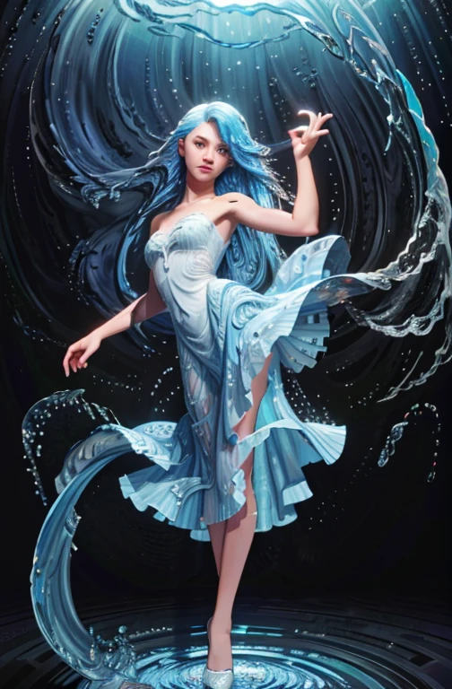 Sexy girl with long straight hair turned into a sapphire statue