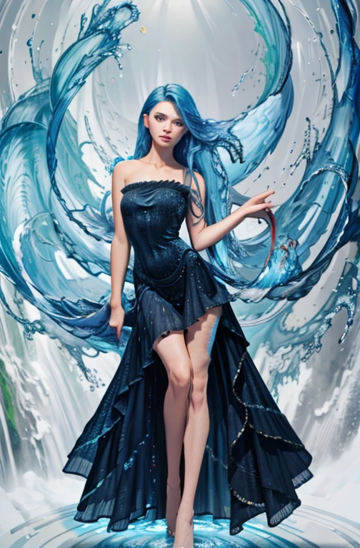 (masterpiece, best quality, high quality, highres, ultra-detailed), 1girl,solo,light_blue_hair,(liquid hair:1.2),liquid shoes, long hair,floating hair, full body, standing,sundress, liquid clothes,water dress, best quality, 8k, detailed skin texture, beautiful detailed face, intricate details, ultra detailed,dancing, skirt_tail,