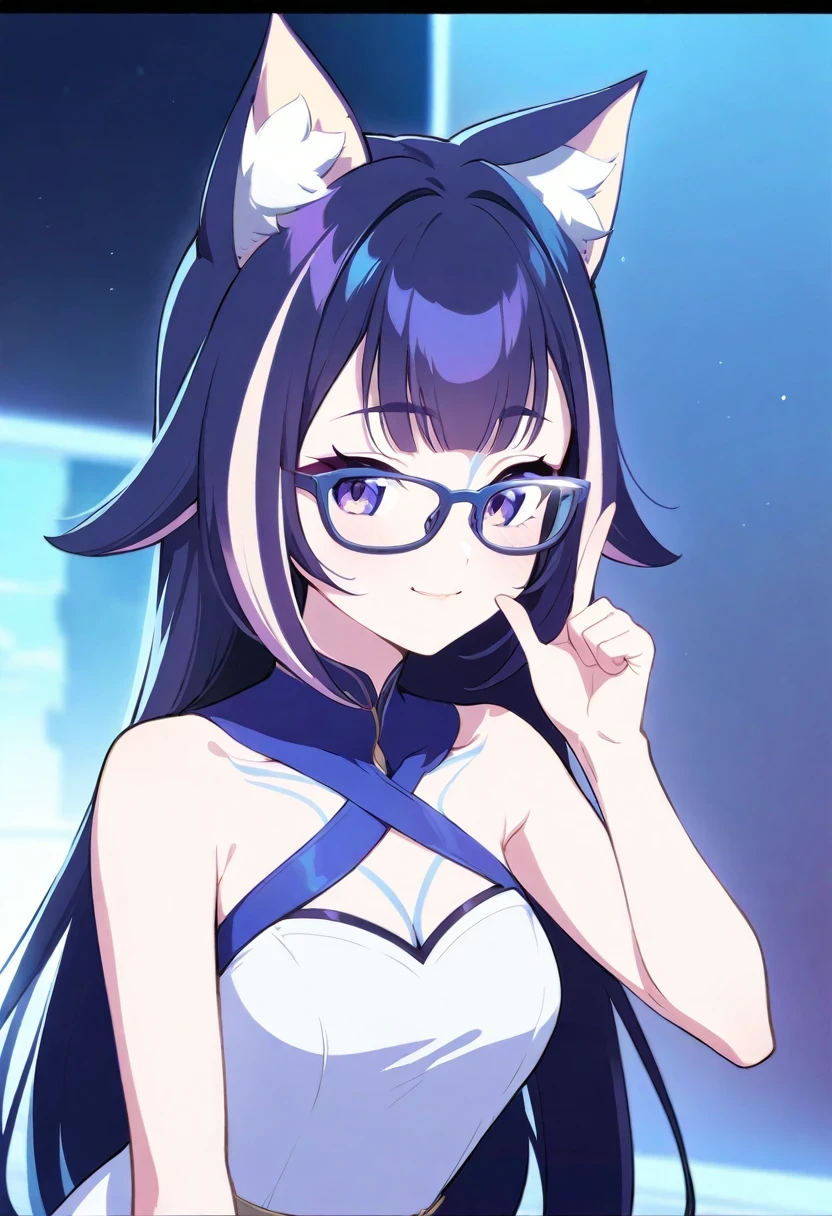 (shylily/(Twich/):1.5),(masterpiece:1.2),(best quality:1.2),A woman wearing glasses poses for a photo. She became a catwoman, Overall presentation of detailed character art style. Here she demonstrates the gesture with nimble finger movements. Gives the impression of being long and straight. Her pose is sexy,Create a sense of style. The overall design is simple and clean, Very in line with modern aesthetics. She might be live streaming, Interact with your audience. In this scene, The color ratio of white is 0.5, Add a soft atmosphere. The overall atmosphere can be said to be very cute (Kawaii). index finger, Anime cute art style, seductive Anime Girl, long hair Anime Girl, (Anime Girl), Beautiful anime Cat Girl, Cat Girl, Anime vision wearing glasses, cute girl, Best Girl in Anime, Anime Girl, There is no text on the picture,To keep it simple.