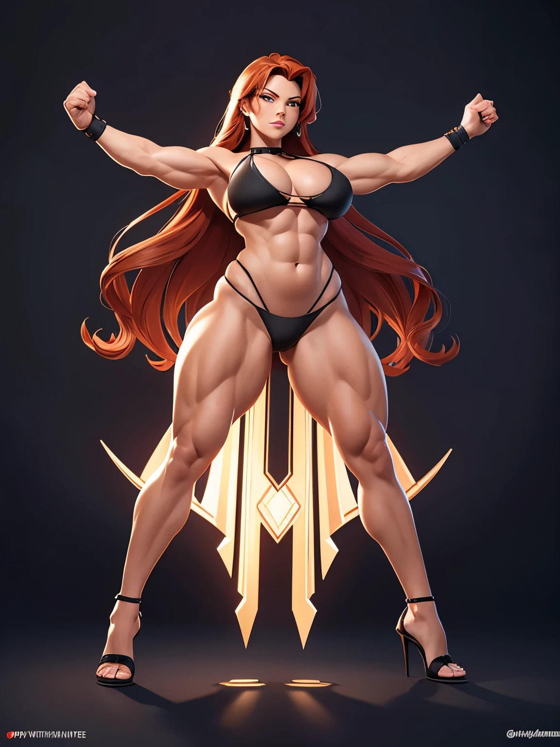 masterpiece, best quality, ultra-detailed, CG illustration, high resolution, better lighting, best shadow, extremely delicate and beautiful, appropriate shading, HD, 8k, ray tracing, hyper detailed and sharp background, perfect lights, a redhaired woman in a black bikini, Vitruvian woman, oppai proportions, most strongest pose, powerful pose, bodybuilder superhero bikini, dramatic powerful pose, exaggerated physique, power pose, full figured,