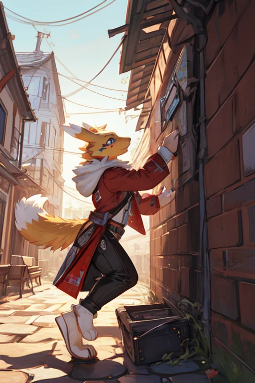 ((best quality)), ((masterpiece)), (detailed), cartoon, renamon, side view, jumping, outside,