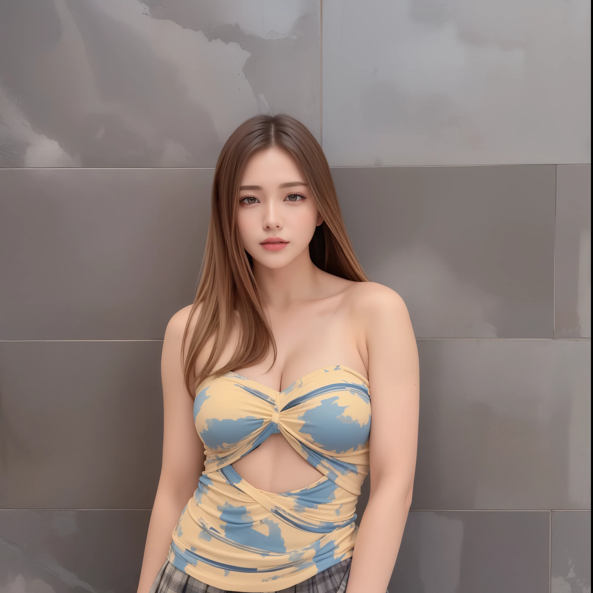 ((Best quality, 8k, Masterpiece :1.3)), Sharp focus:1.2, Perfect Body Beauty:1.4, Slim Abs:1.2, ((Layered hairstyle, Big breasts:1.2)), (Tank top shirt:1.1 ), (Street:1.2), Highly detailed face and skin texture, Fine eyes, Double eyelids, Seduction, short skirt, flight attendant, long brown hair, office chair, hip skirt, Big breasts do not leak points, high-definition facial features, 8K