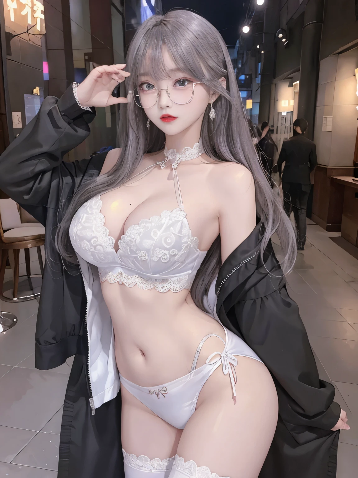 Top image quality、Raw photography、A high resolution、20-year-old cool Korean、big round chest、thin silk jacket、black lace underwear、Beautiful Eyes of Details、very elongated eyes、Beautiful eyelashes、Beautiful double eyelids、eyeshadows,long legs,medium thighs, wearing Glasses、beautiful eyes finely detailed、elongated eyes、long eyeslashes、Beautiful double eyelids、eyeshadows、earrings、shiny white skin、