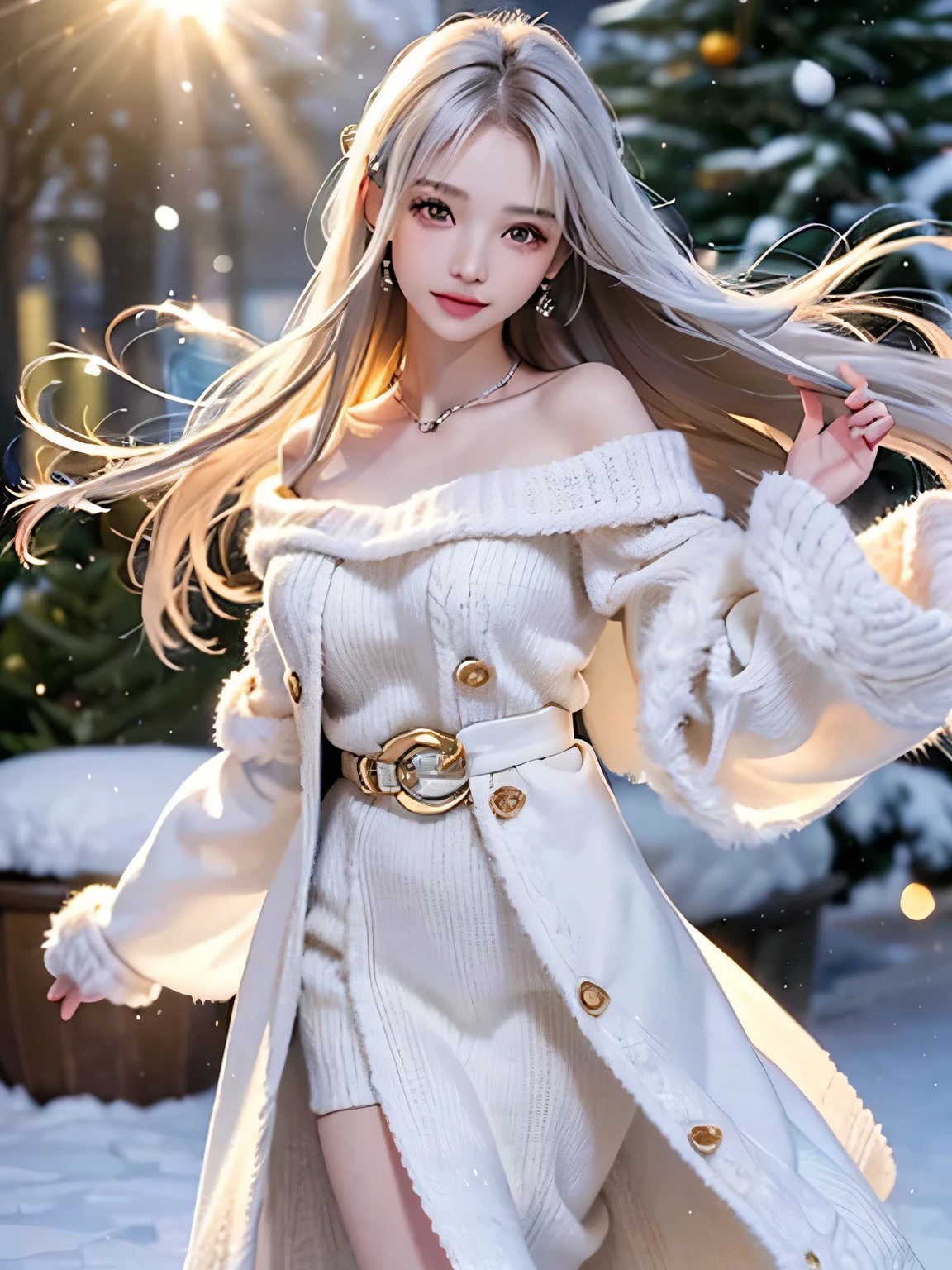 ((masterpiece:1.5、8k、Tabletop、Photorealistic and very detailed CG、Very detailed、Particle Effects、Dynamic Effects、Written boundary depth、Cinematic Light、Lens flare、Ray Tracing、Tabletop、Realistic:1.4、超A high resolution:1.2、Realistic、Realistic))((alone、,A woman wearing an off-shoulder sweater and a long coat:1.4、Elegant woman posing:、Detailed face、Bright expression、Younger, brighter, whiter skin、Ample breasts、Best Looks、The ultimate beauty、Silver hair with dazzling highlights、Shiny bright hair,、Super long, silky straight hair、hair dancing in the wind))(morning、The setting is outdoors in the snow, near a Christmas tree.)
