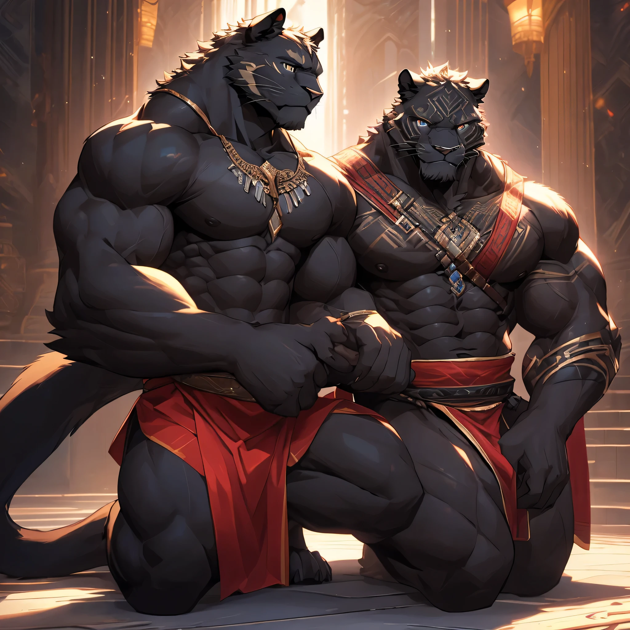 （best quality，4K，elegant work of art:1.2），Super detailed，Photorealism:1.37，Black panther creature with human features，Well-defined muscles，Wearing a loincloth made of animal fur，Clearly visible chest and abdominal muscles。Two black panthers，A pair of parents and a ，Kneeling on the ground。