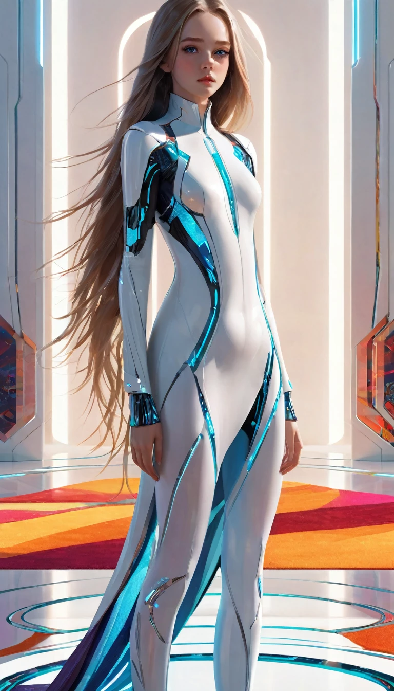 A barefoot futuristic girl standing silently on a carpet, captivating eyes, porcelain skin, long flowing hair, (futuristic outfit:1.1, sleek attire), (graceful movement), (bright and vibrant colors), (futuristic bedroom ), (digital art:1.1, digital illustration), (high resolution, ultra-detailed:1.2), (photorealistic:1.37, realistic rendering).