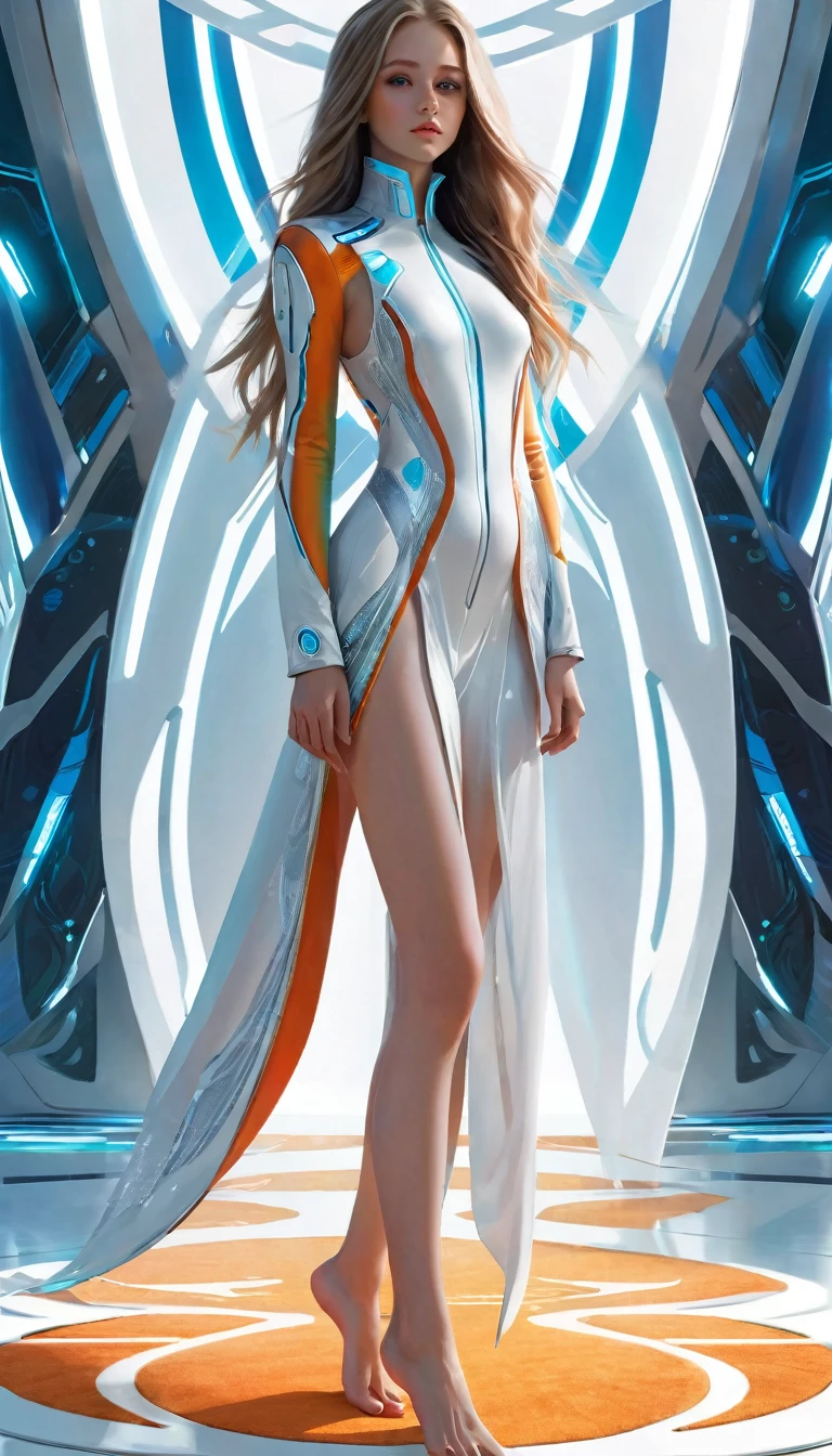 A barefoot futuristic girl standing silently on a carpet, captivating eyes, porcelain skin, long flowing hair, (futuristic outfit:1.1, sleek attire), (graceful movement), (bright and vibrant colors), (futuristic bedroom ), (digital art:1.1, digital illustration), (high resolution, ultra-detailed:1.2), (photorealistic:1.37, realistic rendering).