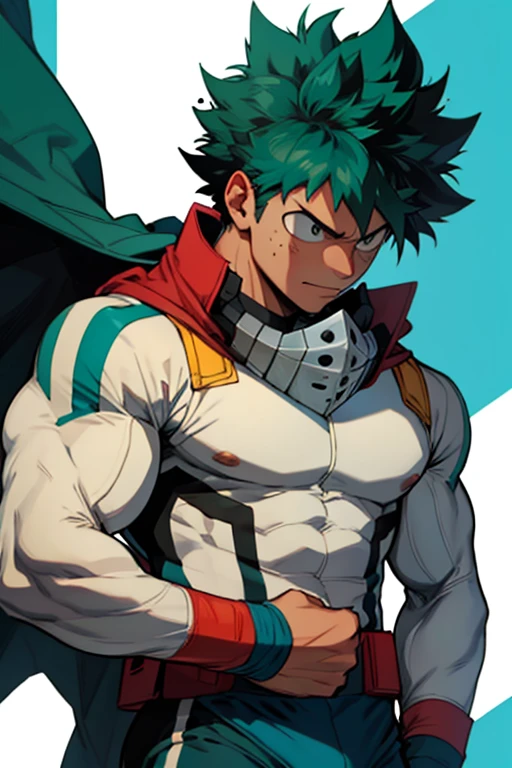 Un Izuku Midoriya con la musculatura de All Might , With toned and robust muscles, His strength and endurance would be unmatched.. His All Might-inspired suit would be a perfect combination of style and functionality., with the characteristic design in the shape of "Y" en el pecho y los colores verde, negro y blanco decorando su uniforme. The cape billowing behind him would add a touch of majesty to his appearance., making it look even more impressive