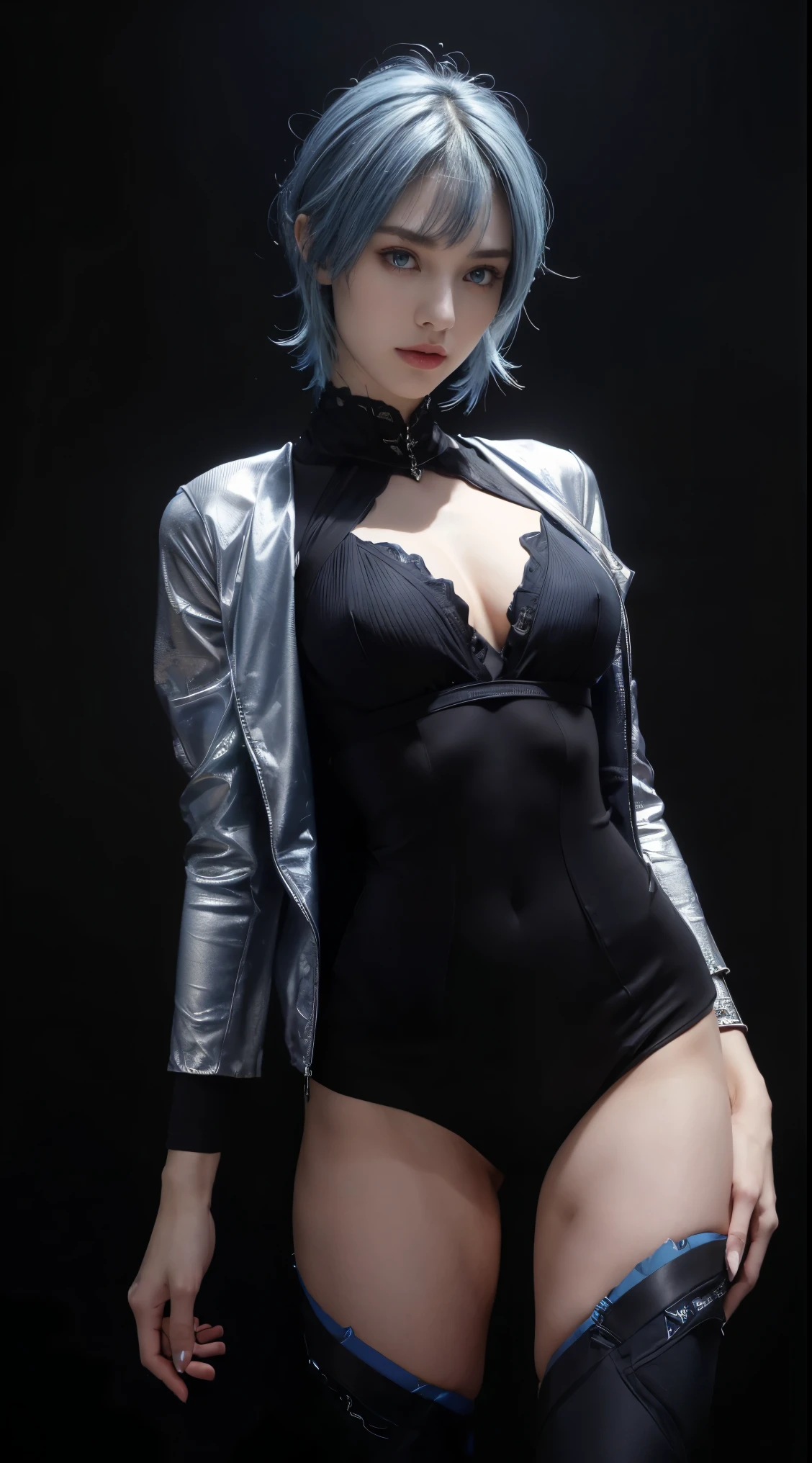 8K, Top Quality, Intricate Details, Ultra Detail, Ultra High Resolution, Masterpiece, close up shot, (full body: 1.1), Slender, Smile, (Makeup: 0.4), (Fluffy blue Eyes: 1.21), (()), 1girl, solo, 1 girl, ((blue hair, bangs)), close up shot, , ((tall)), (((fit body))), (((slim face))), sharp face, (()) ,(detailed face), sharp face, small lips, , , ,
((, )), , ((cyber neon suit)), detailed face, detailed breast, , ((large breast, huge , , Narrow Waist, Skinny, tall , 190 cm tall, Muscular, Navel, Exposed Abdomen, Pointed Chest,, Beautiful girl with accentuated slender abs: 1.4, Six Pack Abs: 1.4, Bust Botox, Big, Perfect Body, detail leg, (( dark background)), black background,