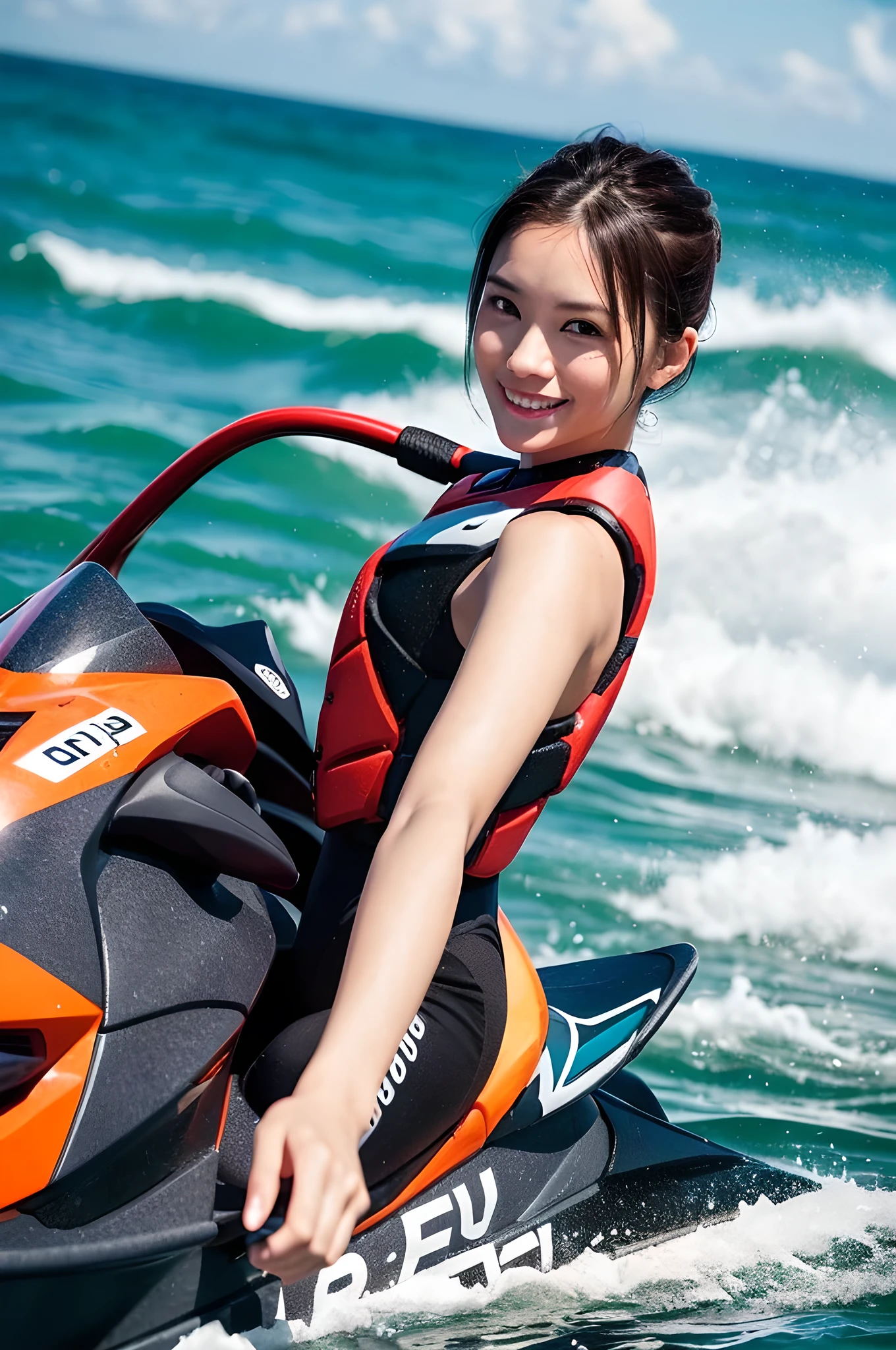 masterpiece, highest quality, Raw photo, Realistic photos, (Woman driving a jet ski:1.3), (forward leaning posture:1.3), Splashing and racing across the ocean, Large jet ski, ((Getting up close and personal with the photographer)), Crystal clear sea, 32-year-old beauty, Cute face, Natural Makeup, Detailed beautiful skin texture, (Colorful marine suits), fascinating body line, looks fun, [Concentrated expression], smile, View the photographer, (A dark background that makes the subject stand out:1.3), ((Front upper body shot, Dynamic perspective)), 