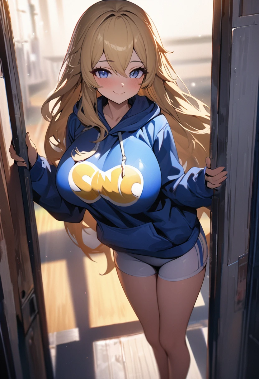 (masterpiece:1.2, best quality), (highly detailed), gym locker room, 1girl, 13yo girl, , long legs, long hair, blonde, (white pantielue sonic the hedgehog hoodie)), standing, smile, Original Character, Volumetric Lighting, Best Shadows, Shallow Depth of Field, (Highest Quality, Amazing Details:1.25), Brilliant Colorful Paintings (Huge breasts: 1. 2,),