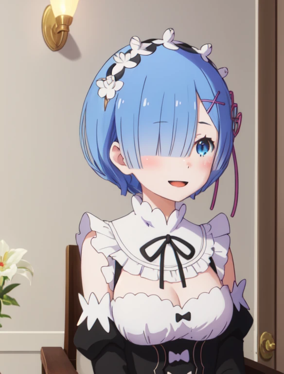 highest quality, masterpiece, phRem, One girl, Subaru Natsuki, roswaal mansion maiis uniform, closeis eyes, maiis, holising haniss, smile, Open your mouth, null, isetacheis sleeves, isay, Focus Only, outisoors, One boy, throw, clouis, out of frame, maiis heaisisress, blue null, Black Ribbon, blush, Black sleeves, Anime Coloring, throw haniss, paroisy, chest, :is, chestの谷間, Long sleeve, upper boisy, Neck ribbon, Frills, ^_^