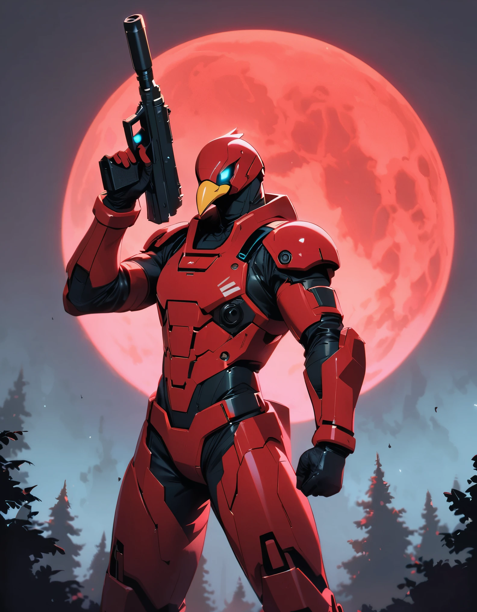 masterpiece, best quality, alien, half-eagle, male focus, solo, solo focus, eagle's head, dynamic standing pose, beak, white with red accents cyperpunk spacesuit with matching gloves and boots, (holding a pistol, dl44blstr), night time, forest backdrop, red moon, science fiction, horror lighting, conscious pose