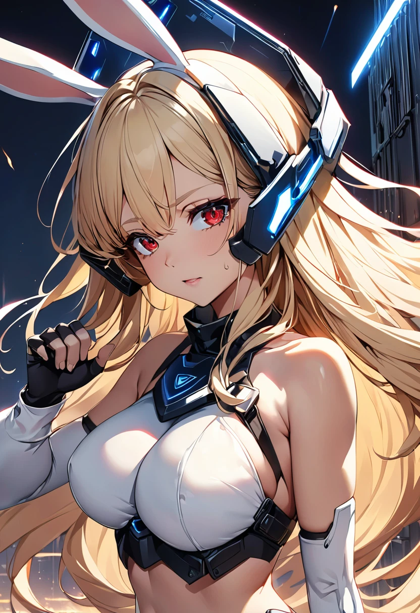 masterpiece、highest quality、Ultra-high resolution、Maximum resolution、Very detailed、Professional Lighting、anime、woman、thin、so beautiful、Bunny girl、Have a shotgun、Red Eye、Blonde、long hair、Fingerless gloves、Equipped with shooting glasses、Alone on the battlefield、Have a Cyber Shield、