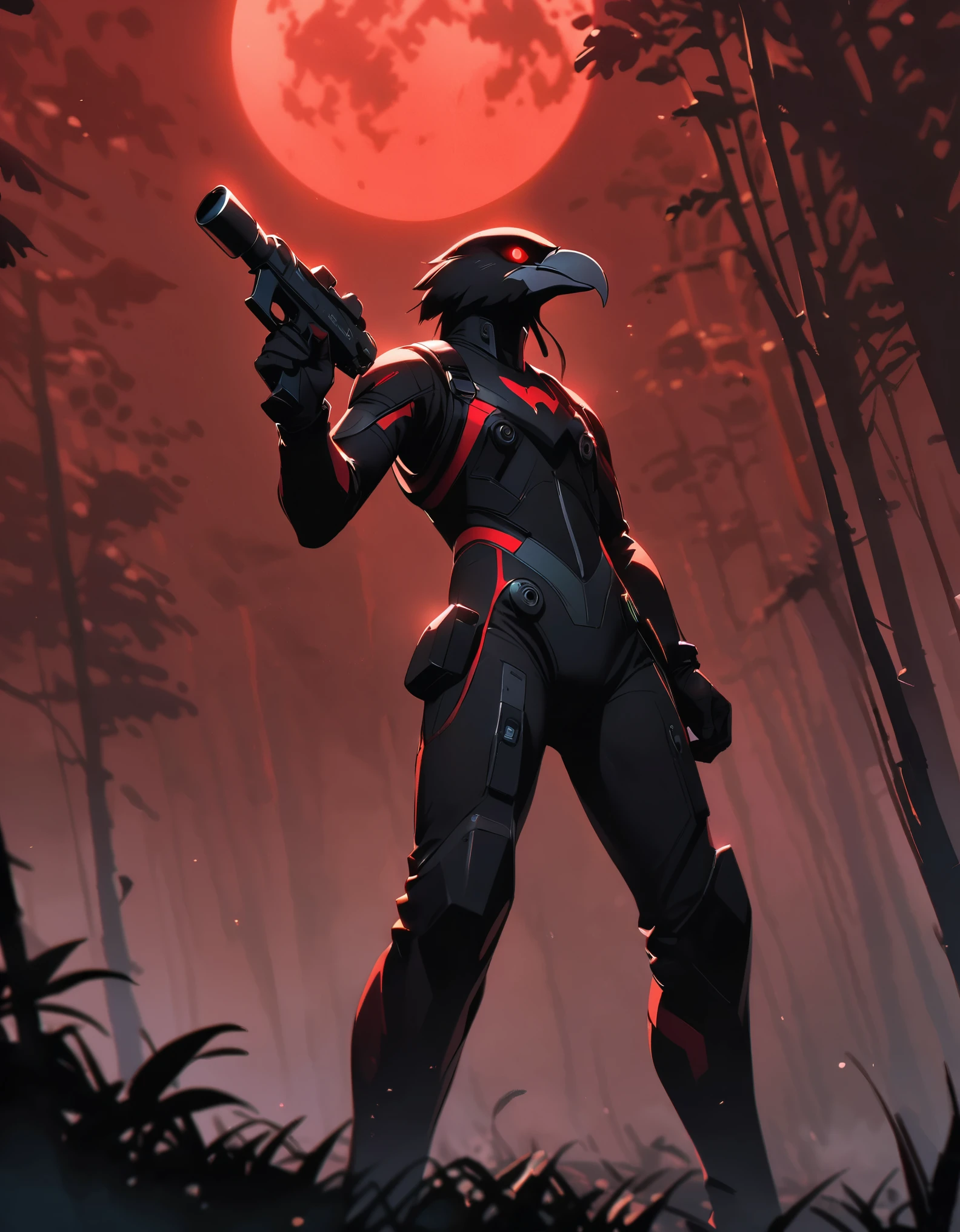 masterpiece, best quality, alien, half-eagle, male focus, solo, solo focus, eagle's head, dynamic standing pose, beak, white with red accents cyperpunk spacesuit with matching gloves and boots, (holding a pistol, dl44blstr), night time, forest backdrop, red moon, science fiction, horror lighting, conscious pose