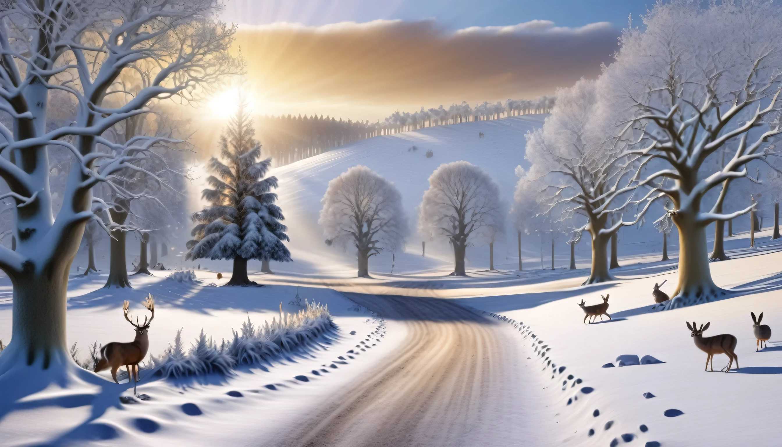 A magical winter forest scene rendered in 3D, featuring a snowy landscape with a variety of animals like deer, rabbits, and owls wandering amidst the glittering trees and snow-covered ground, capturing the ethereal beauty of the setting sun casting long shadows